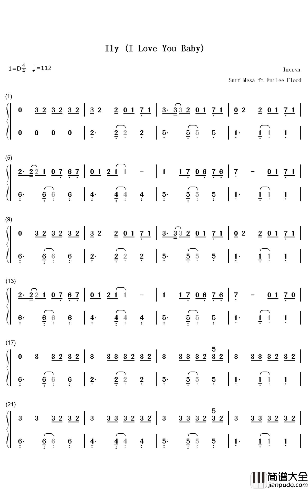 Ily_I_Love_You_Baby钢琴简谱_数字双手_Surf_Mesa_Emilee_Flood