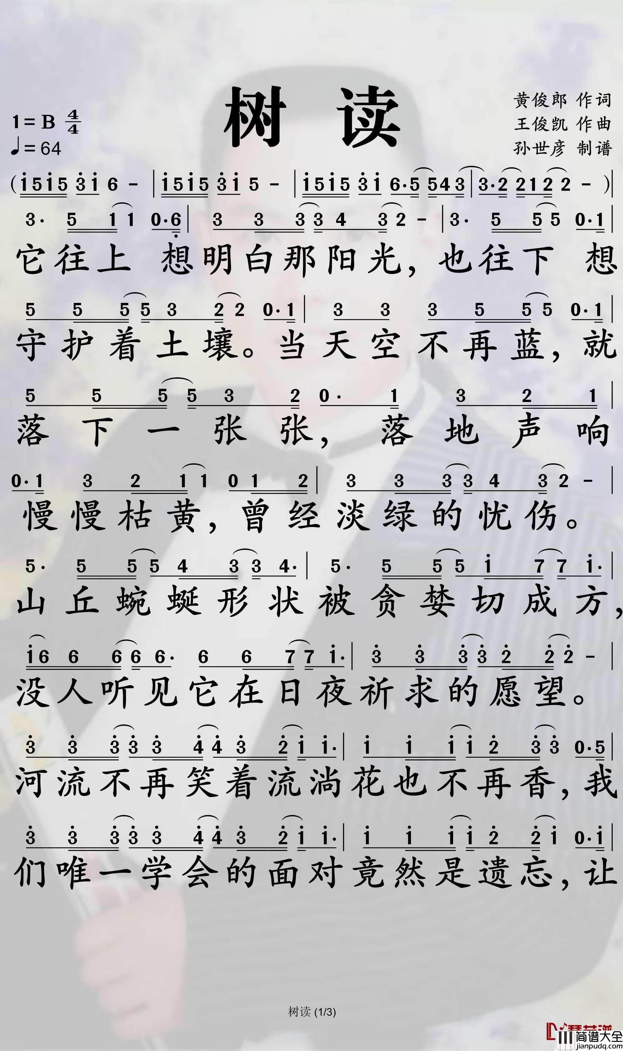 树读简谱_王俊凯歌曲_孙世彦曲谱