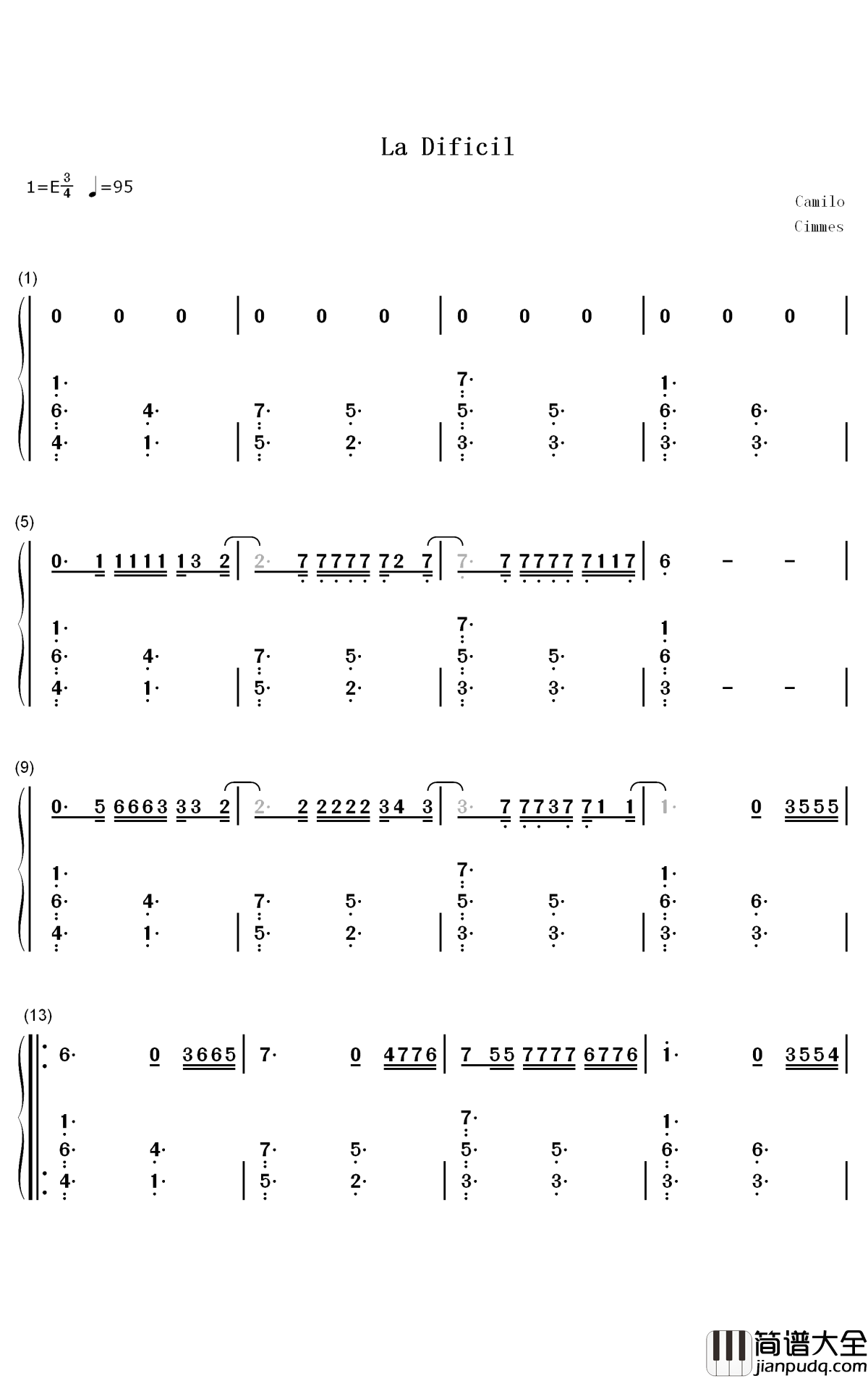 La_Difícil简谱_Camilo歌曲_数字双手曲谱