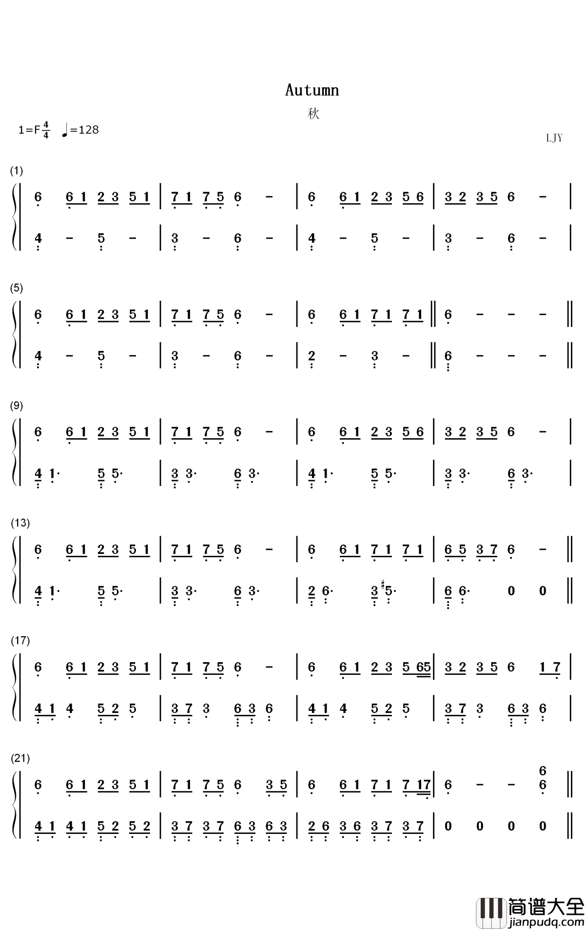Autumn简谱_LJY歌曲_数字双手曲谱
