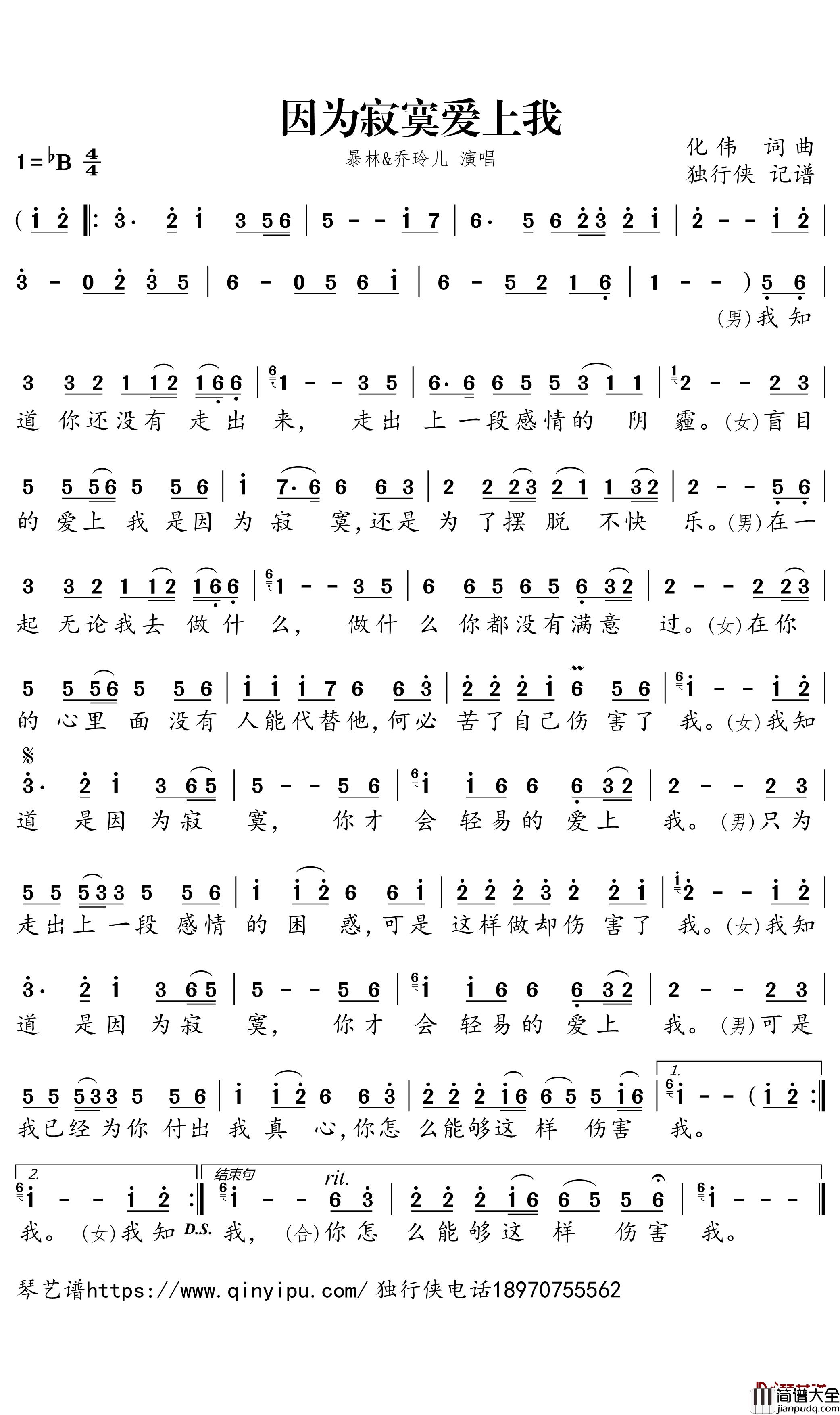 _因为寂寞爱上我简谱_暴林/乔玲儿歌曲_独行侠曲谱