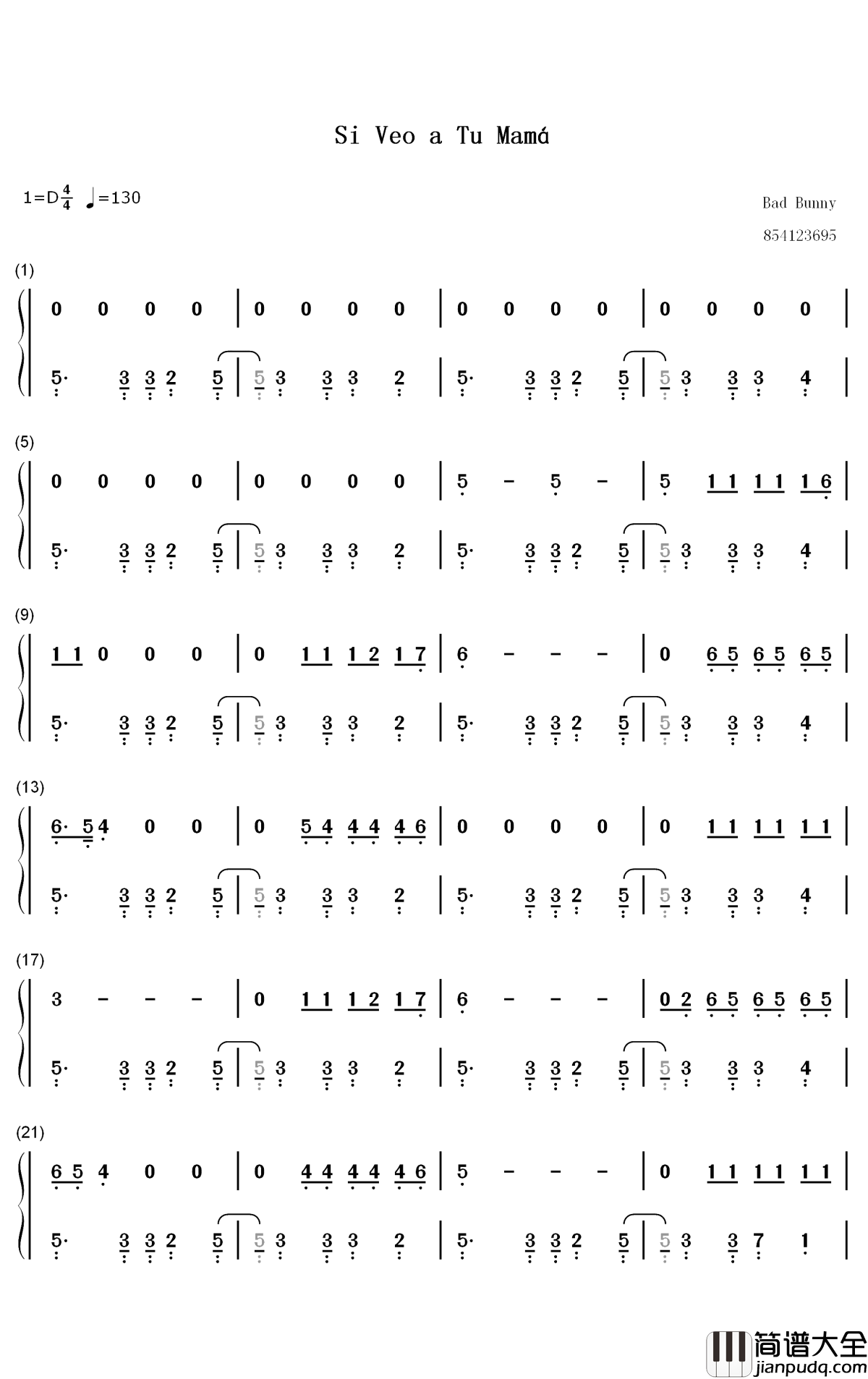 Si_Veo_a_Tu_Mamá钢琴简谱_数字双手_Bad_Bunny