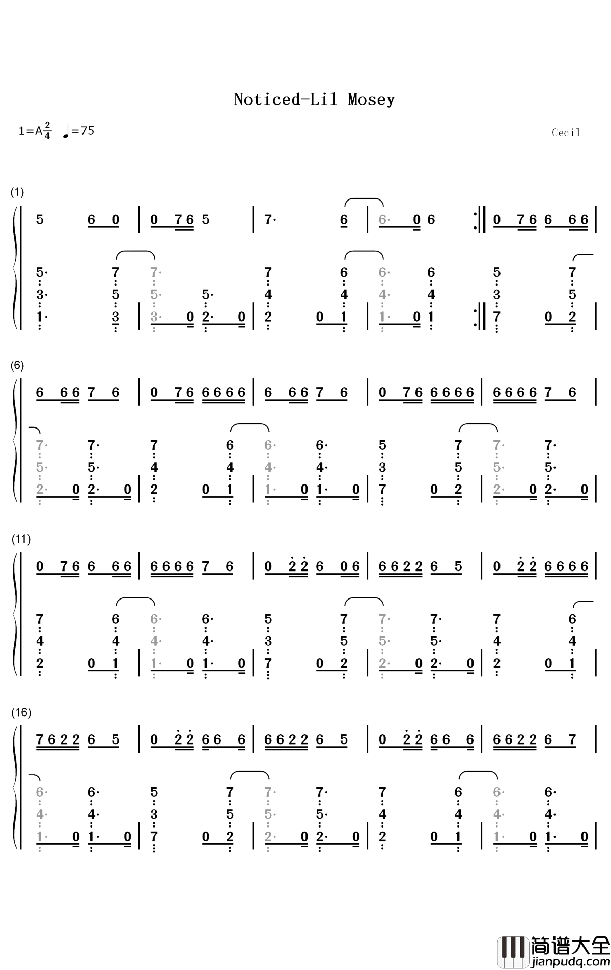 Noticed钢琴简谱_数字双手_Lil_Mosey