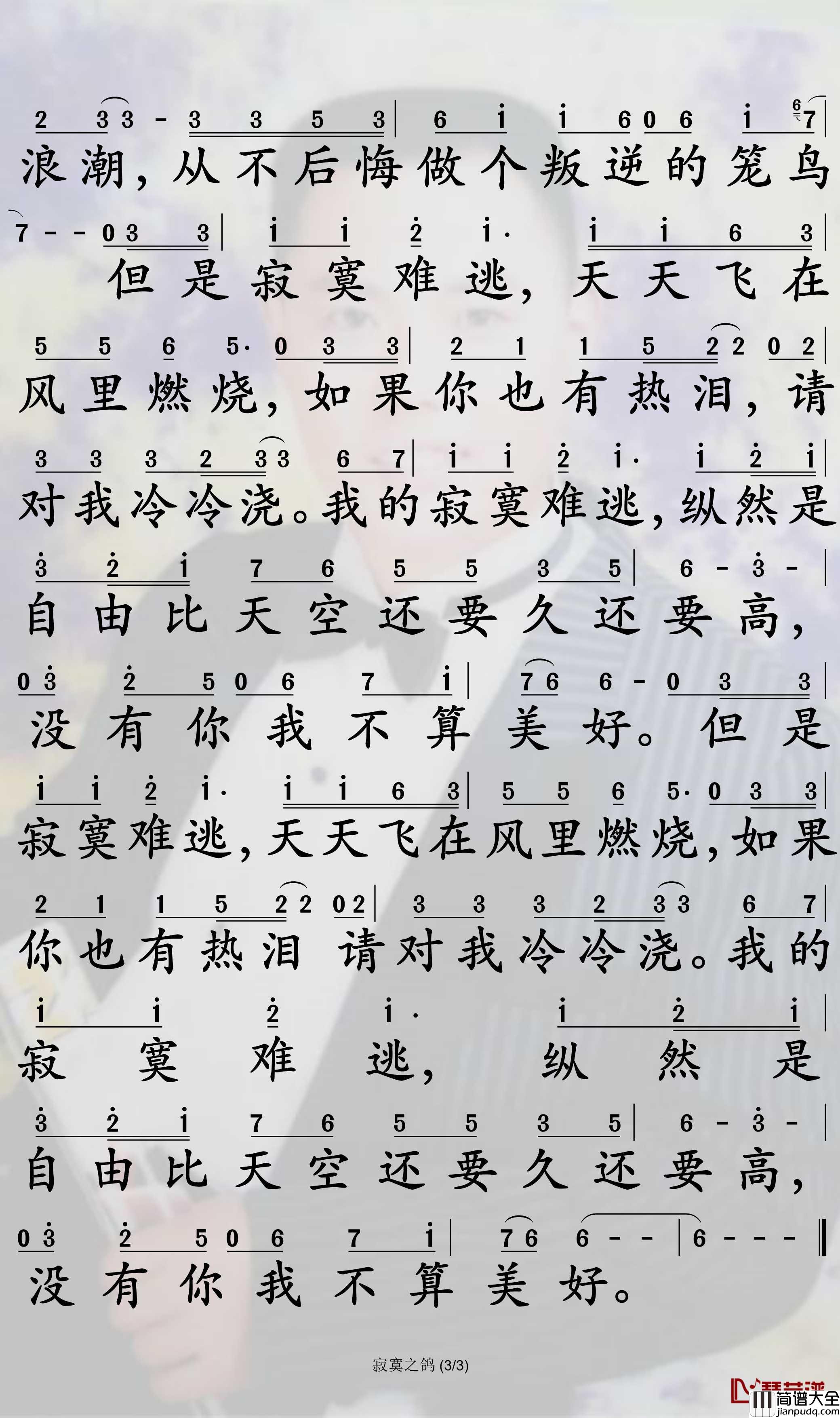 寂寞之鸽简谱_王杰歌曲_孙世彦曲谱