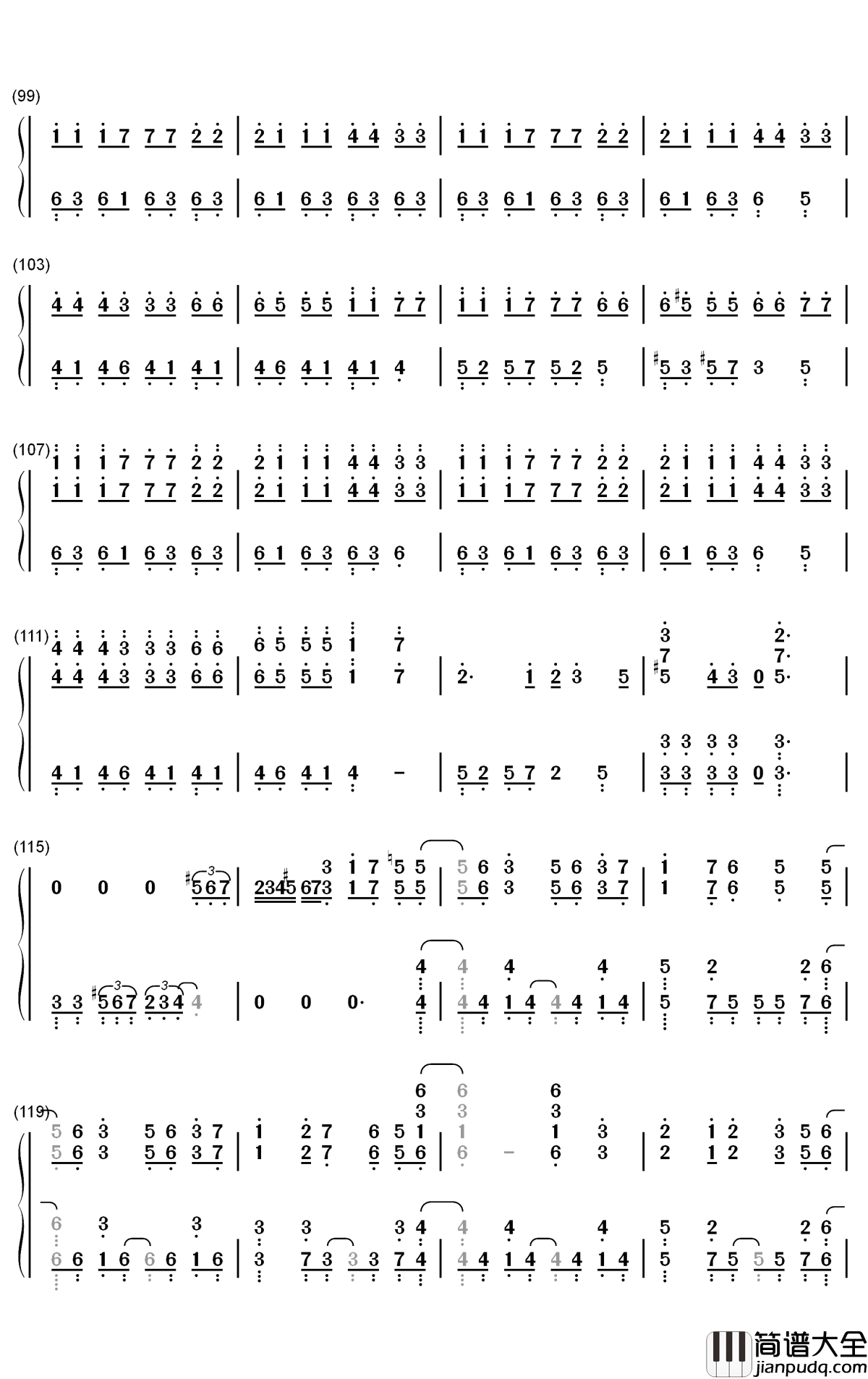 No.7钢琴简谱_数字双手_地缚少年乐队