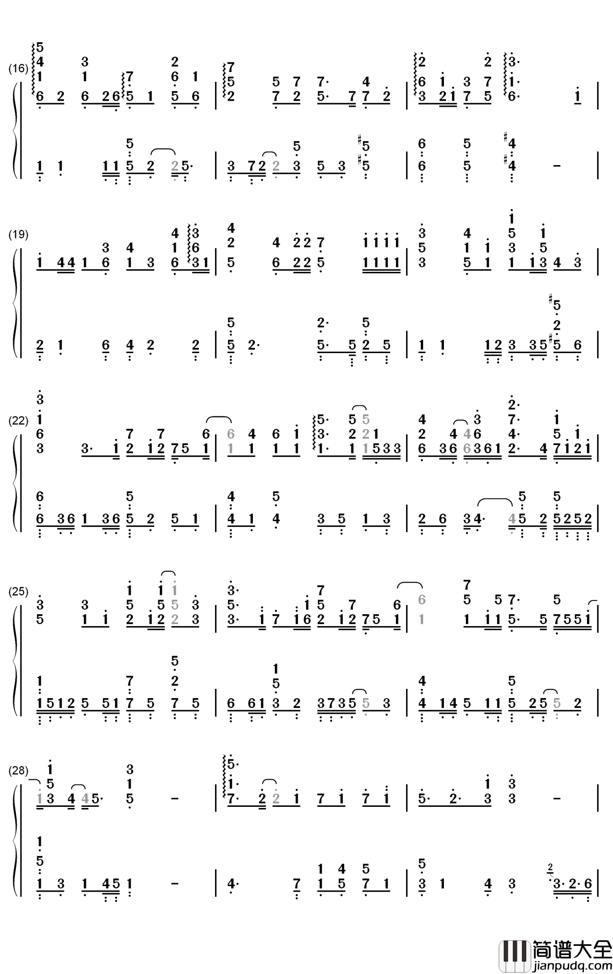 后来遇见他钢琴简谱_数字双手_胡66