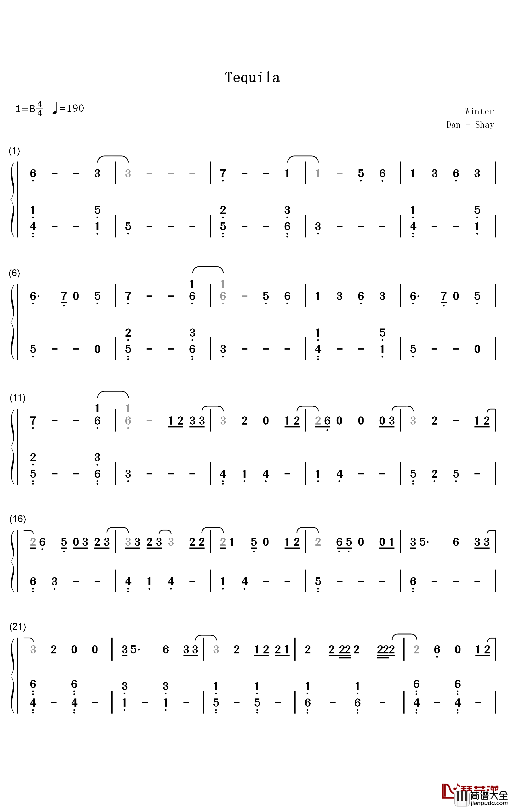 Tequila钢琴简谱_数字双手_Dan_+_Shay