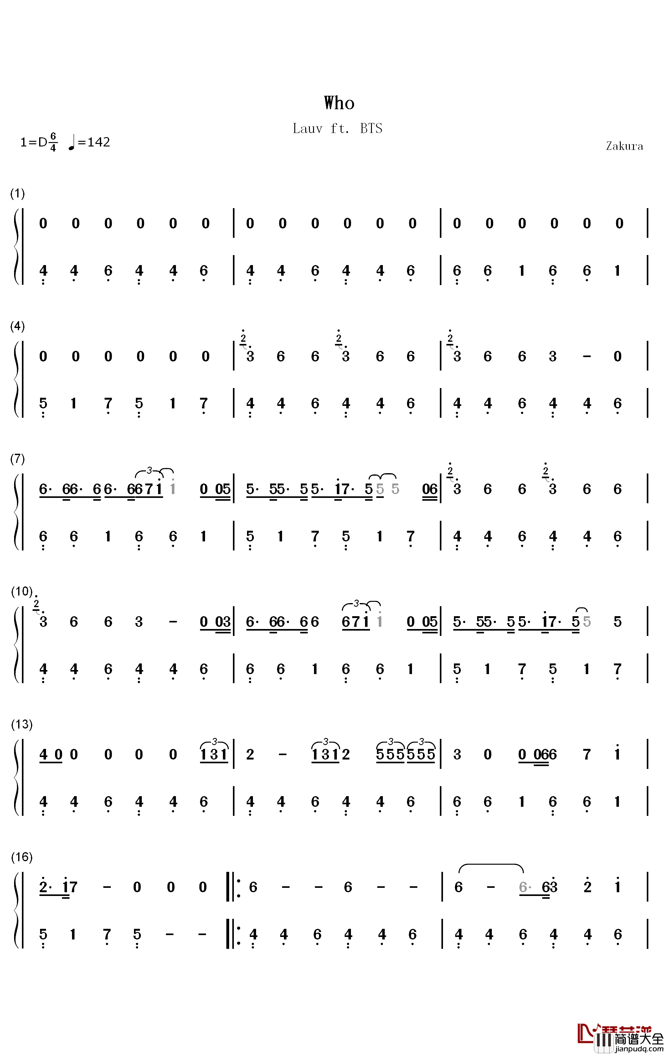 Who钢琴简谱_数字双手_Lauv_BTS