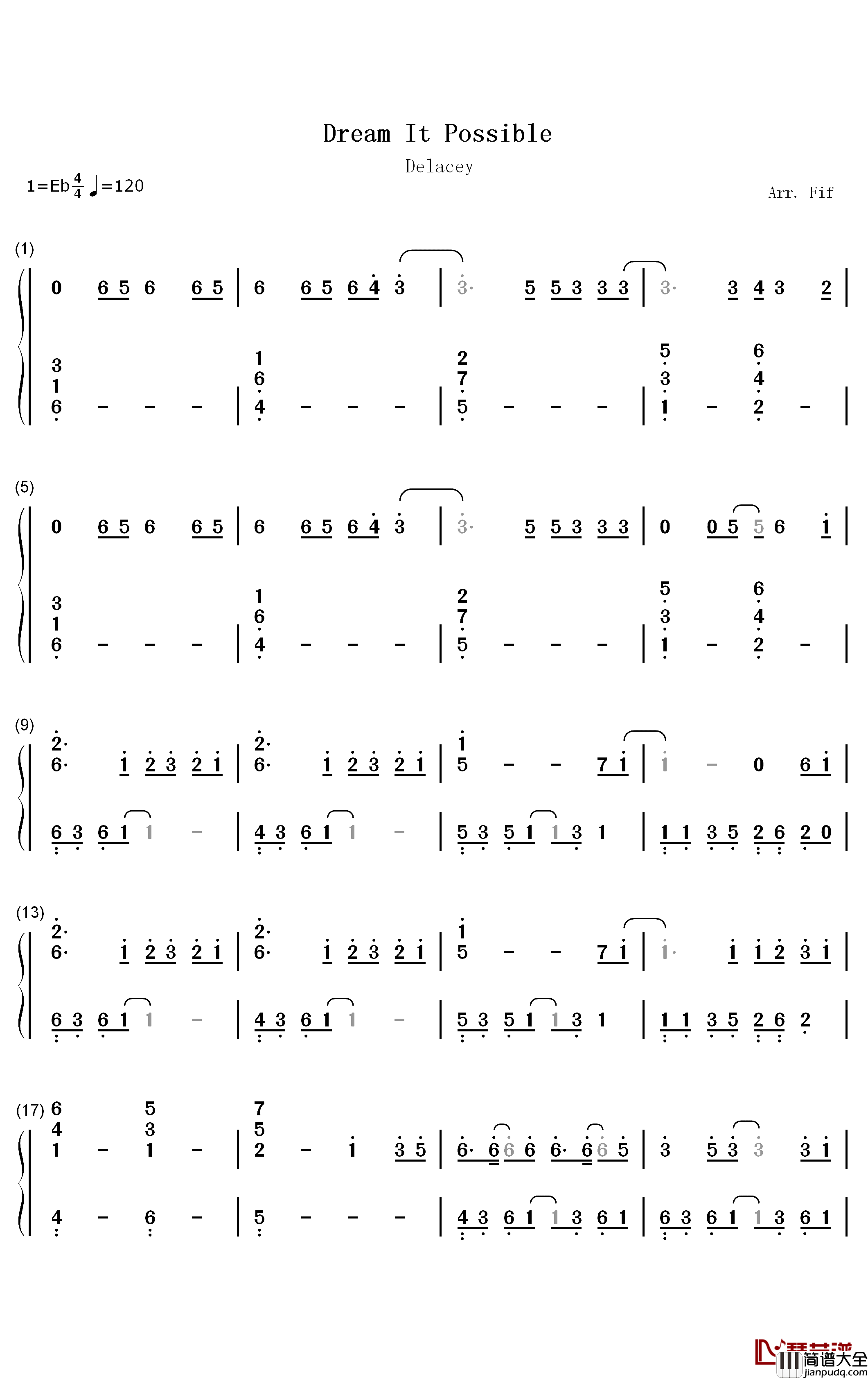 Dream_It_Possible钢琴简谱_数字双手_Delacey