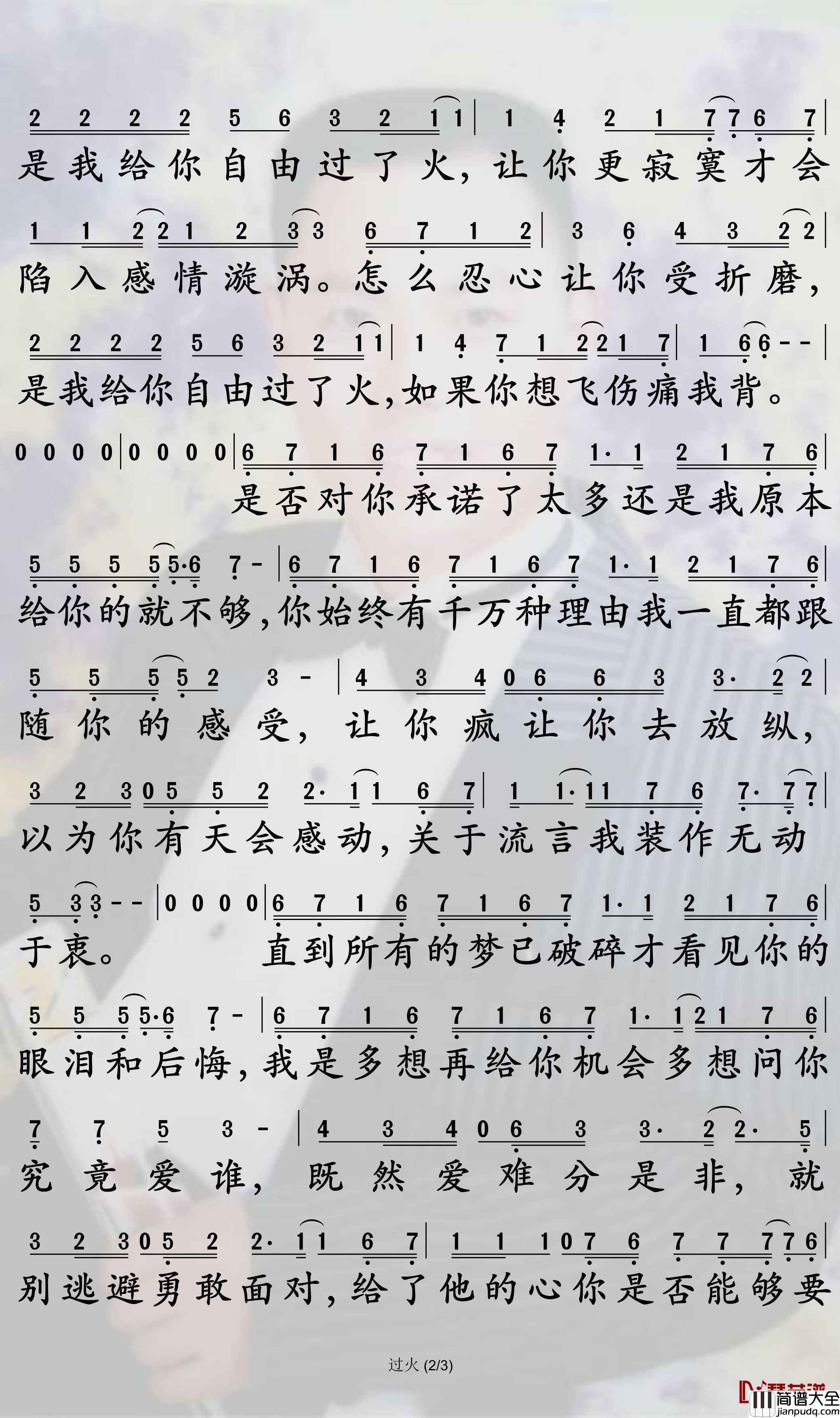 过火简谱_张信哲歌曲_孙世彦曲谱