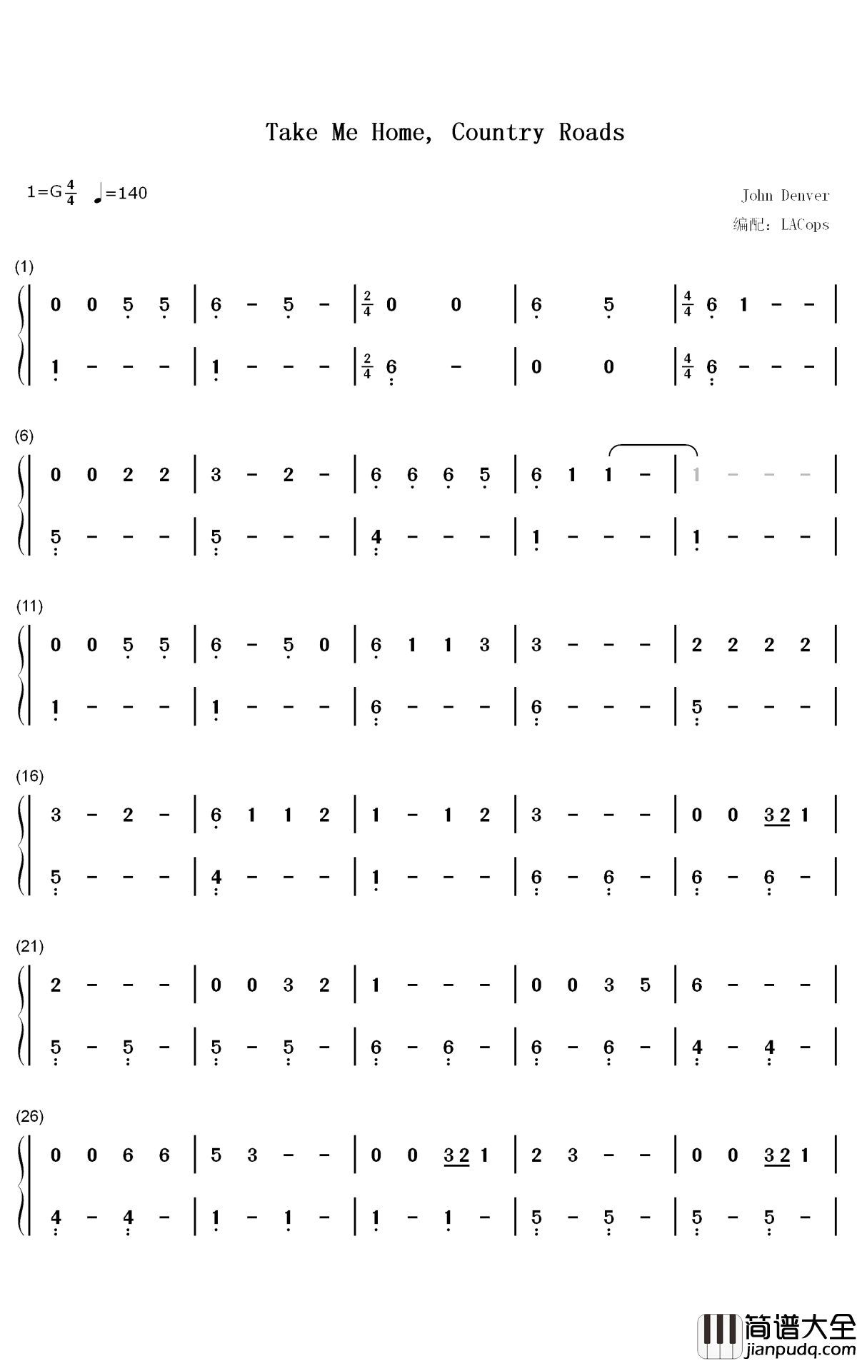 Take_Me_Home_Country_Roads钢琴简谱_John_Denver歌曲_数字双手曲谱