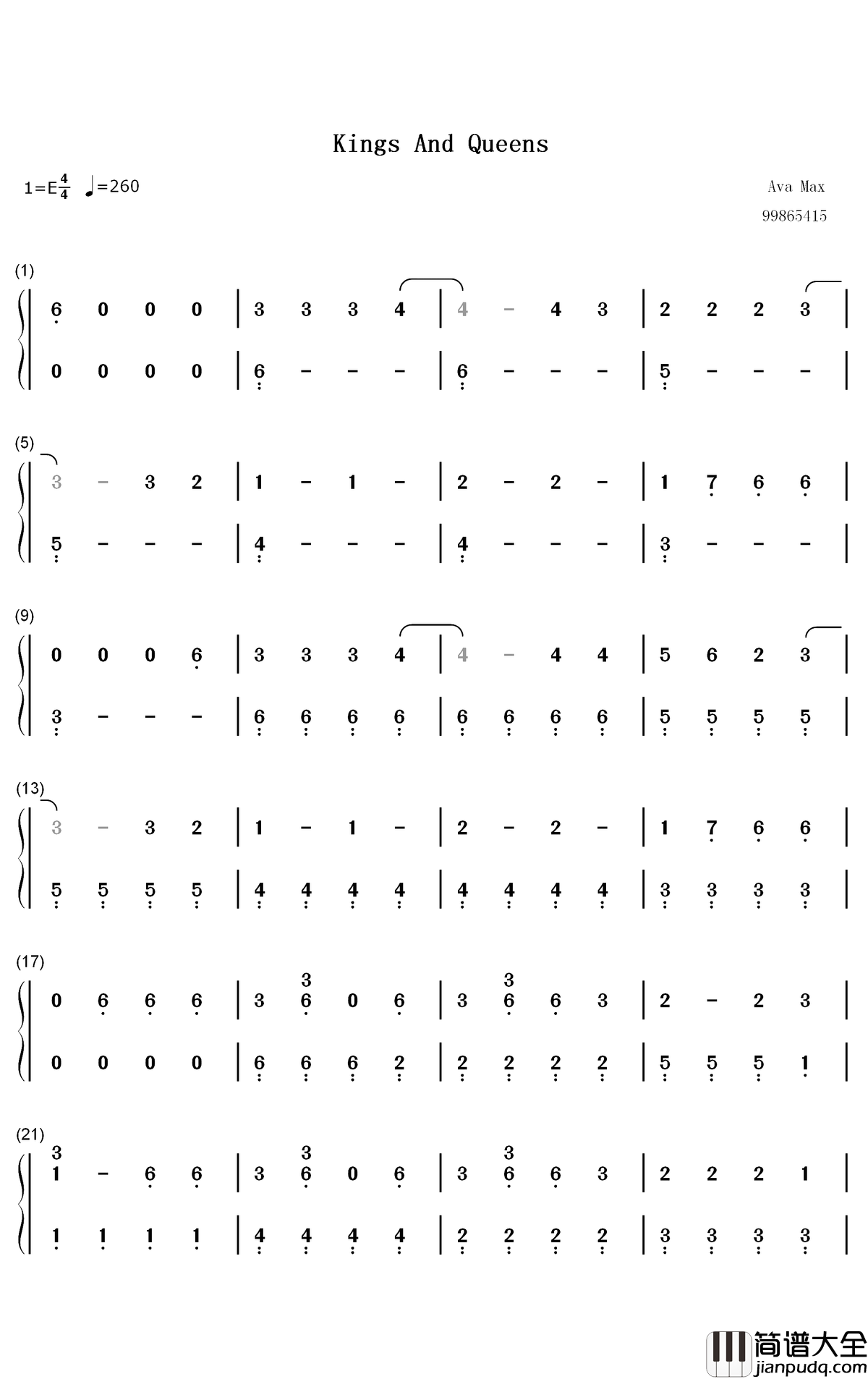 Kings_Queens钢琴简谱_Ava_Max歌曲_数字双手曲谱