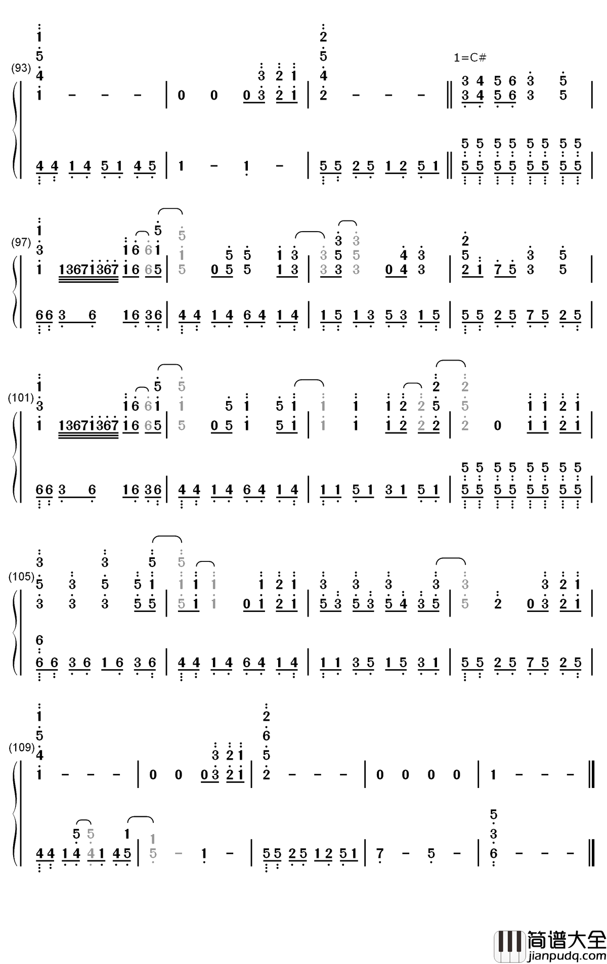 你从未离去钢琴简谱_白挺歌曲_数字双手曲谱