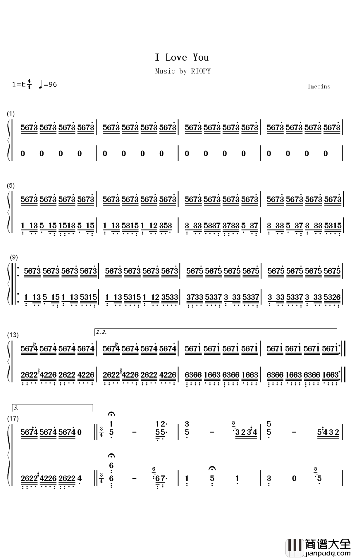 I_Love_You钢琴简谱_数字双手_RIOPY