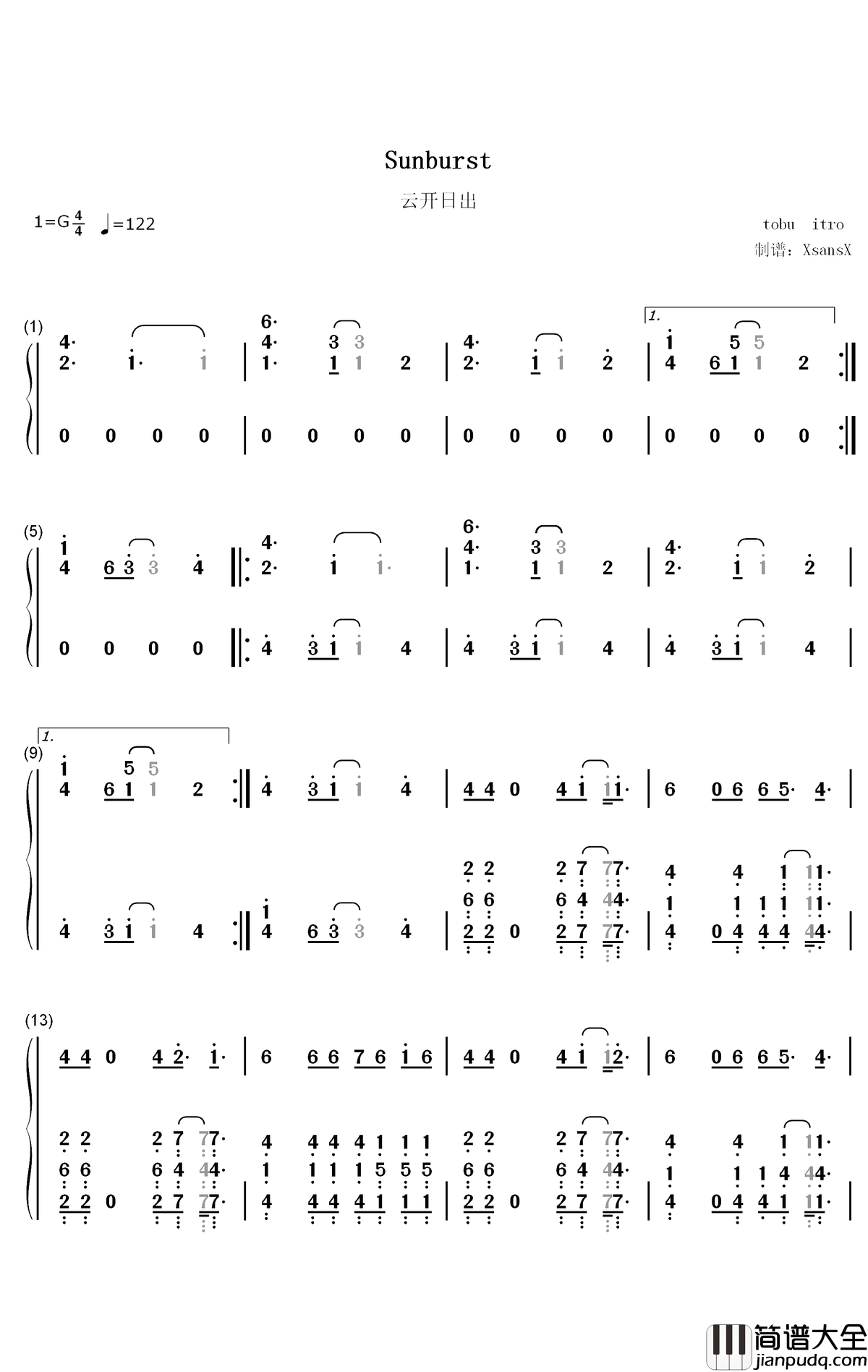 Sunburst钢琴简谱_数字双手_Tobu_Itro