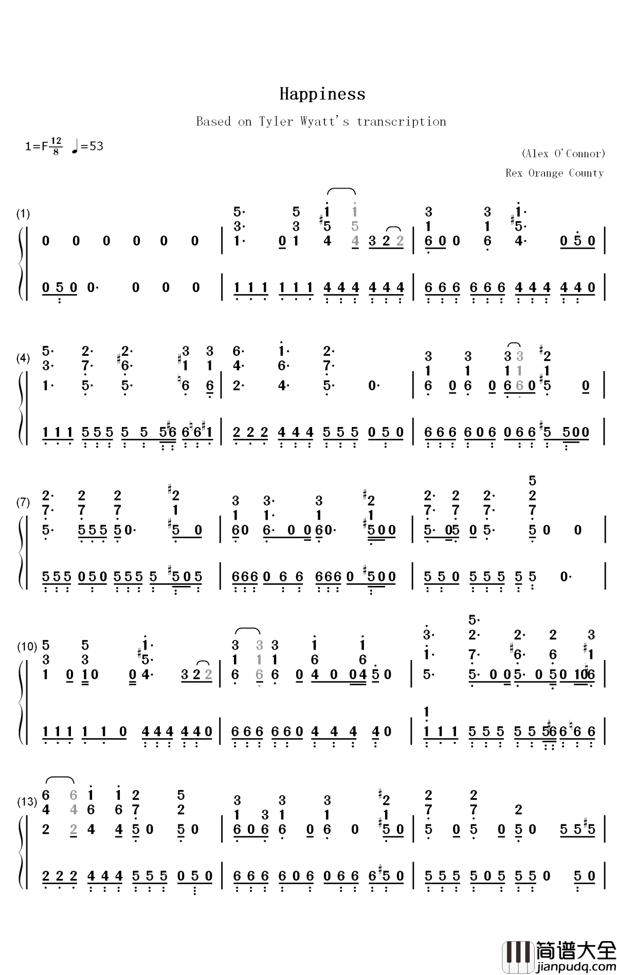 Happiness钢琴简谱_数字双手_Rex_Orange_County