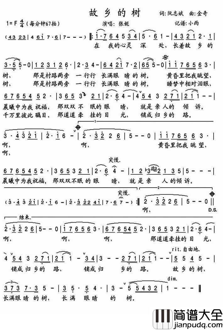 故乡的树简谱(歌词)_张妮歌曲_小雨曲谱