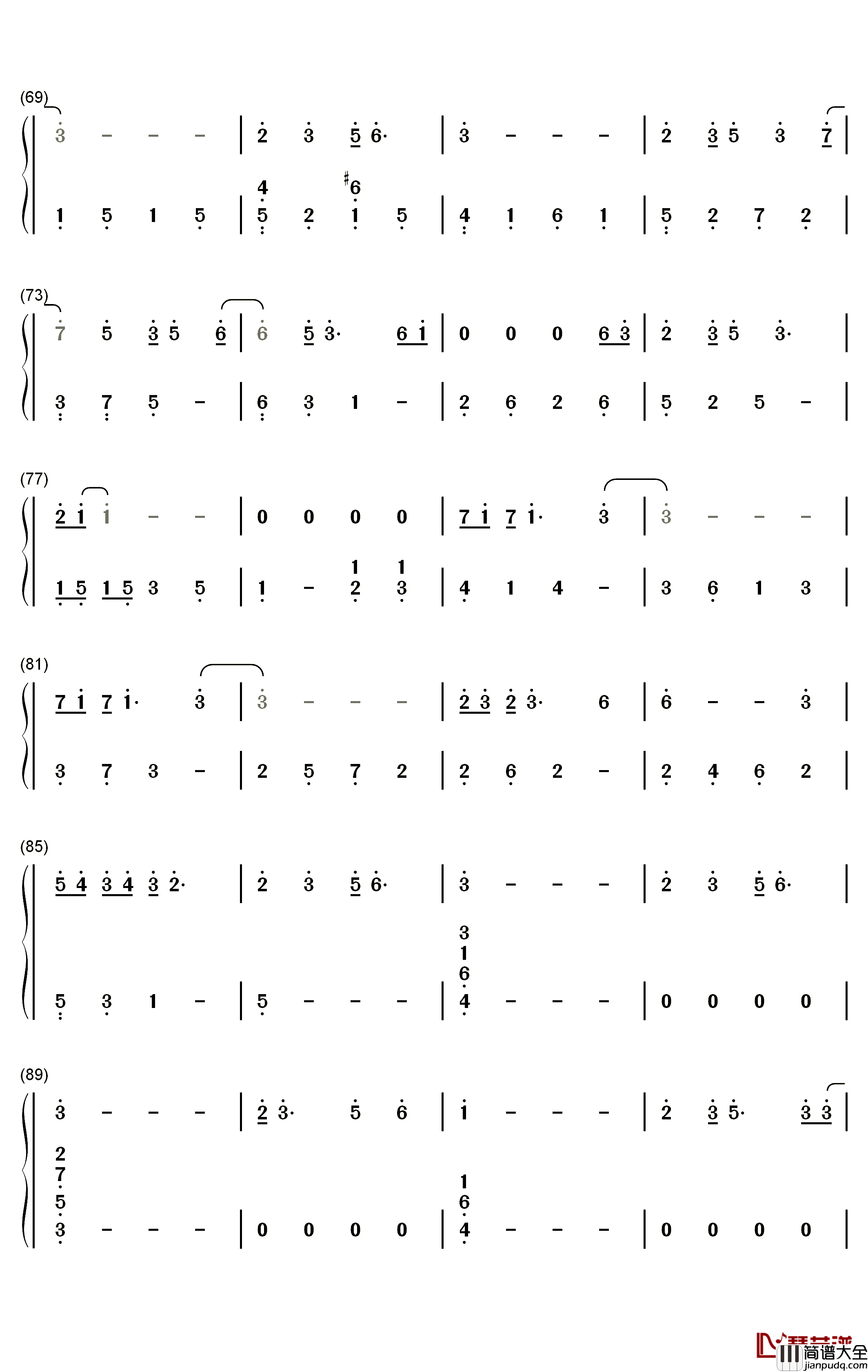 夜航星钢琴简谱_数字双手_不才
