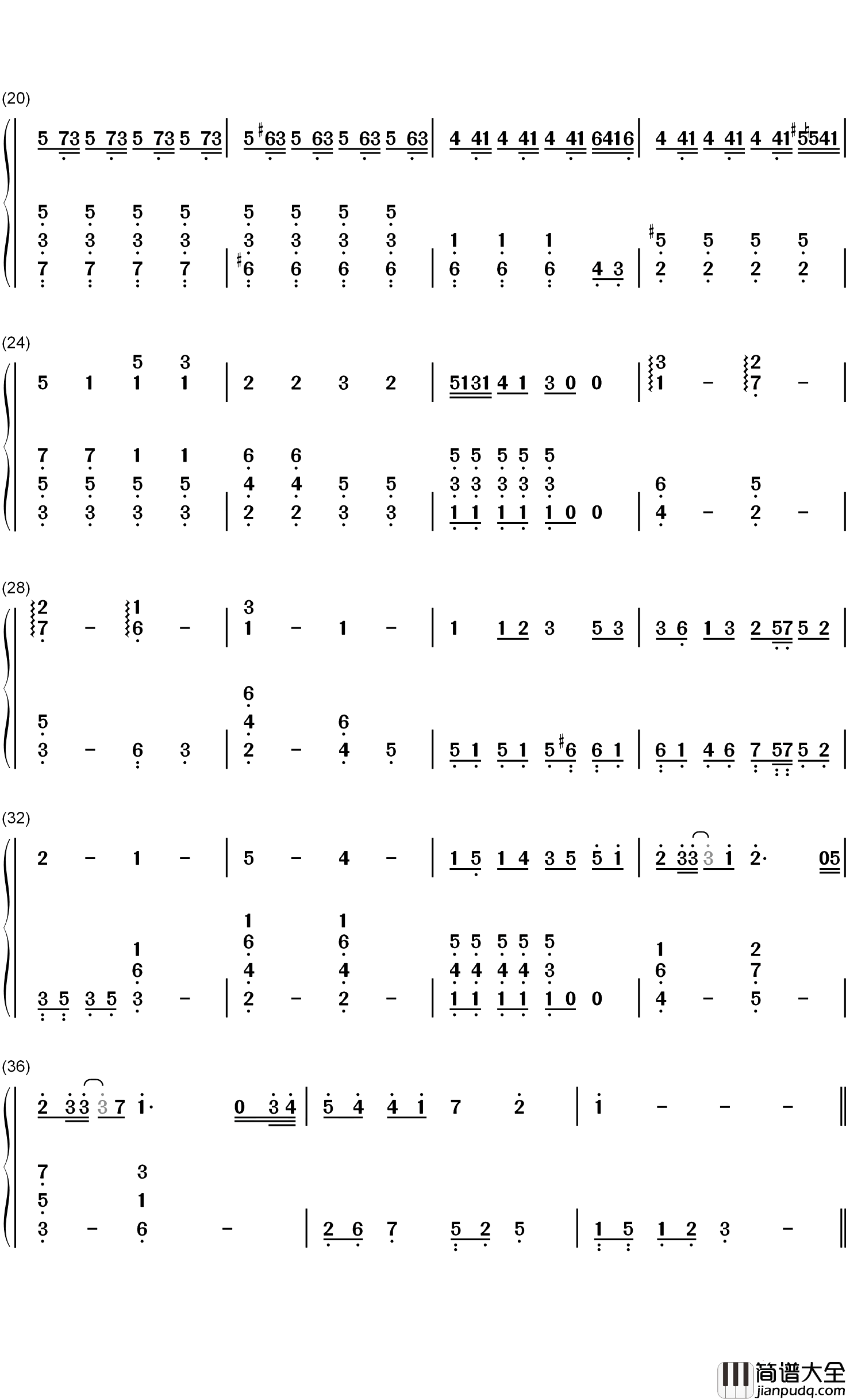 冬眠钢琴简谱_数字双手_司南