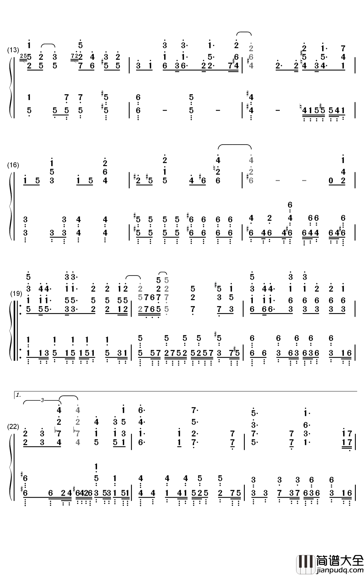夜空钢琴简谱_数字双手_铃木实里