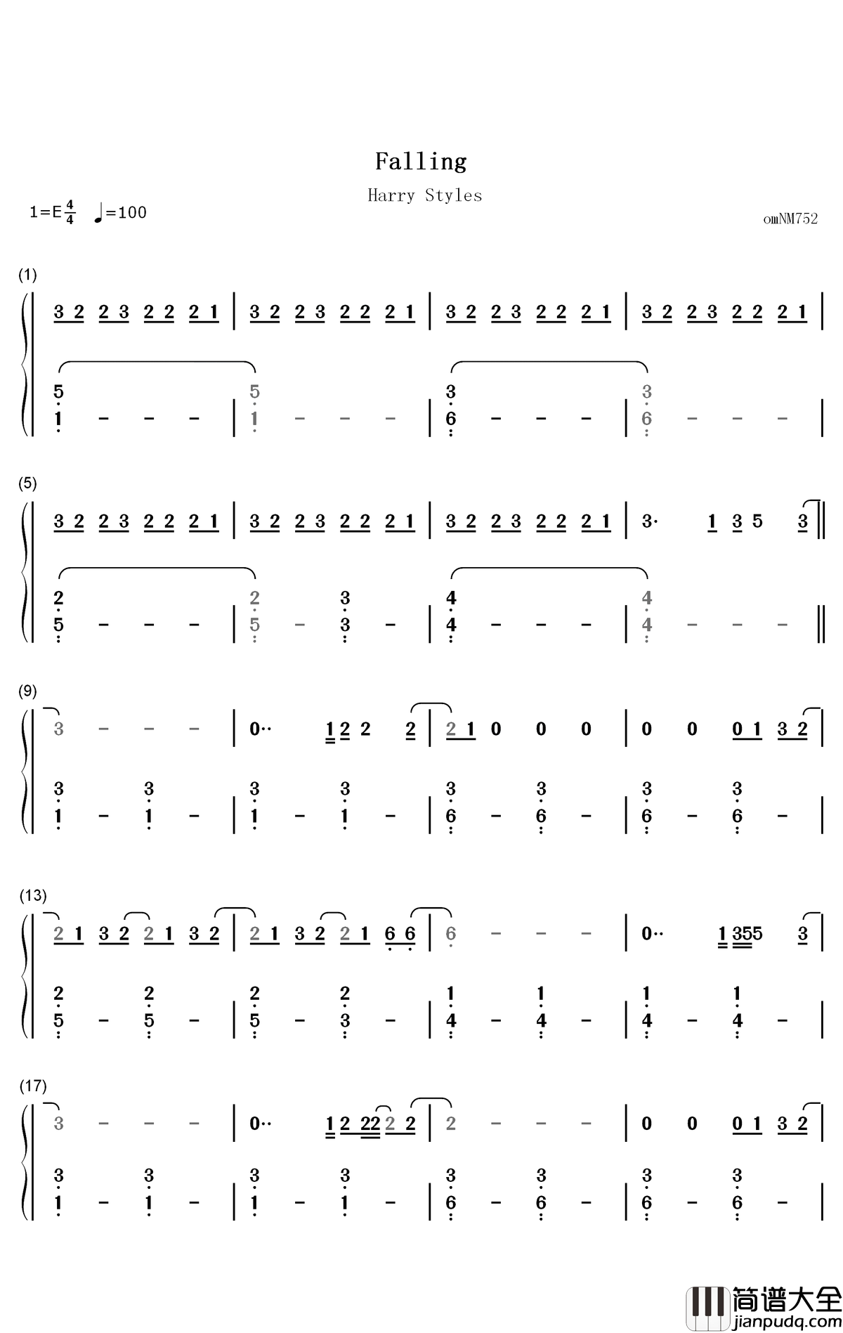 Falling钢琴简谱_数字双手_Harry_Styles