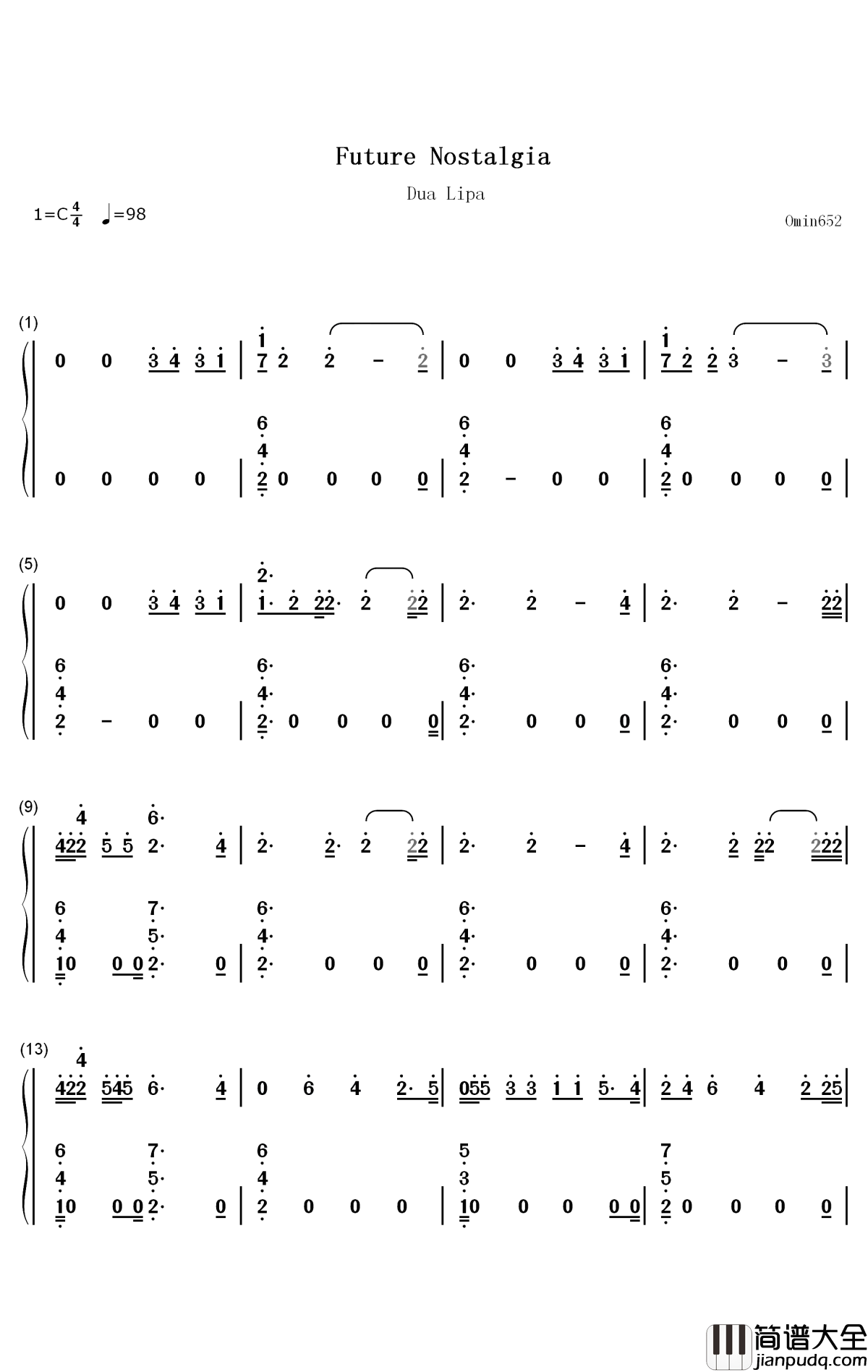 Future_Nostalgia钢琴简谱_数字双手_Dua_Lipa