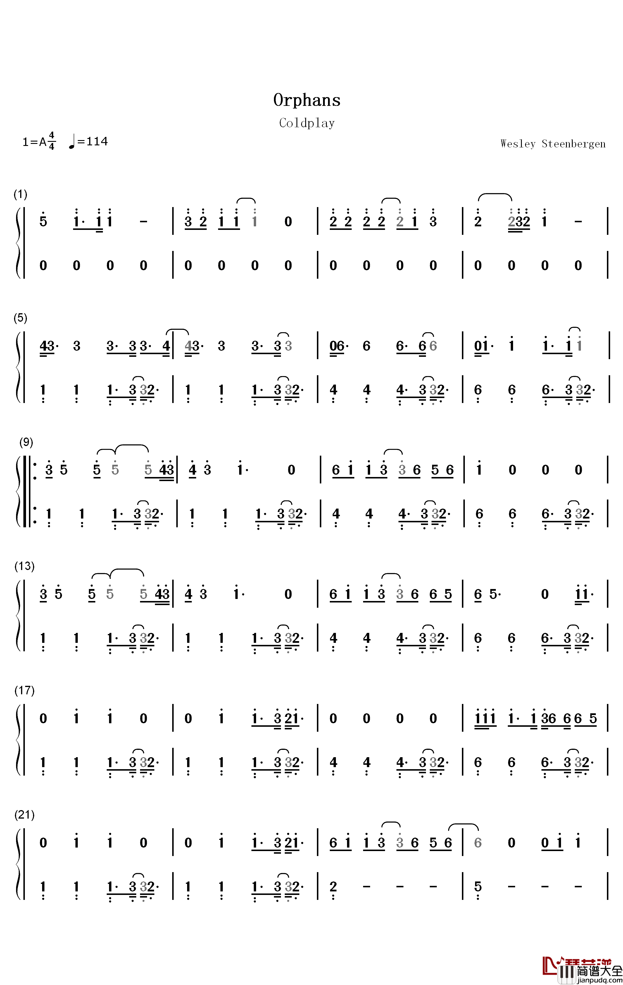 Orphans钢琴简谱_数字双手_Coldplay