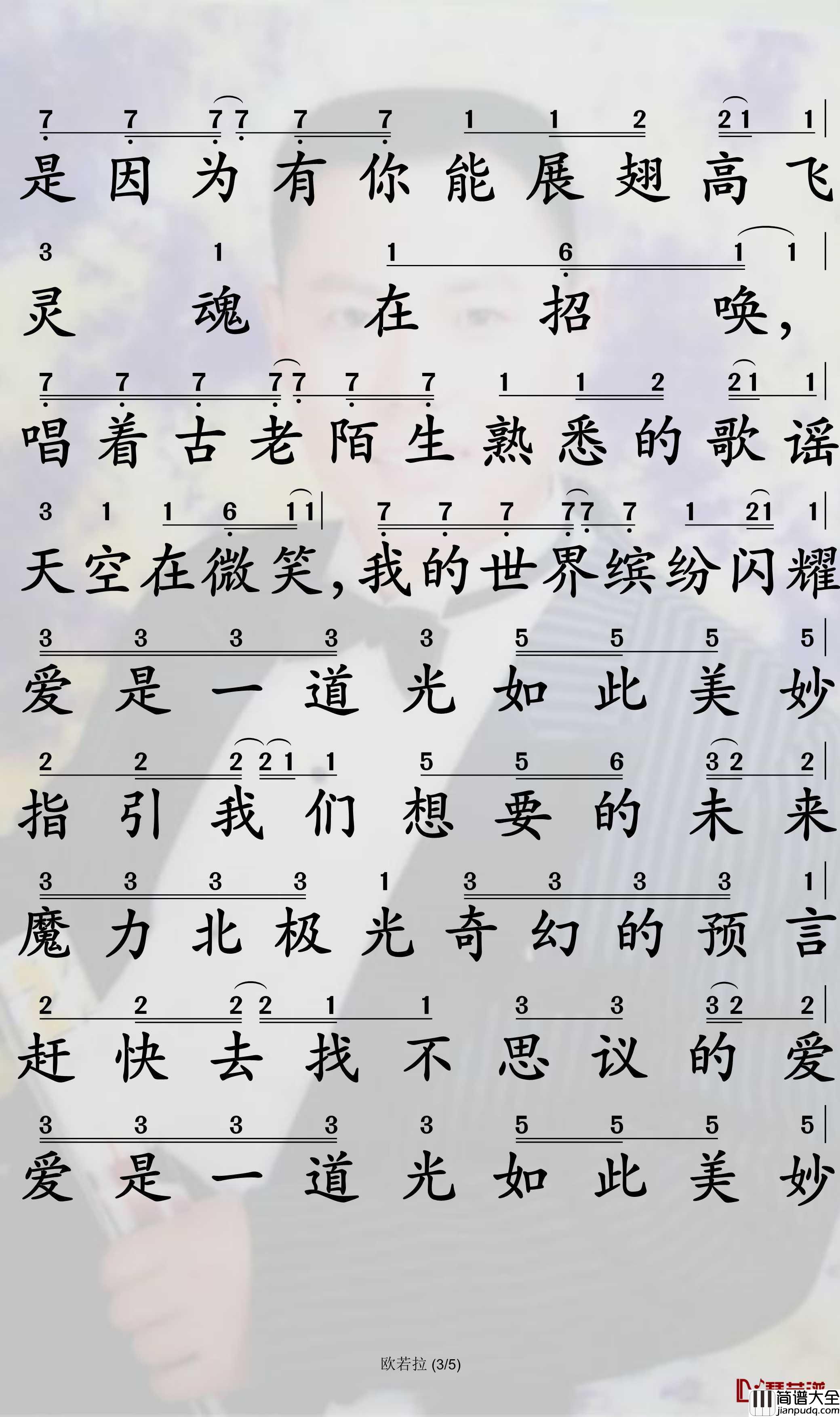 欧若拉简谱_张韶涵演唱_孙世彦曲谱