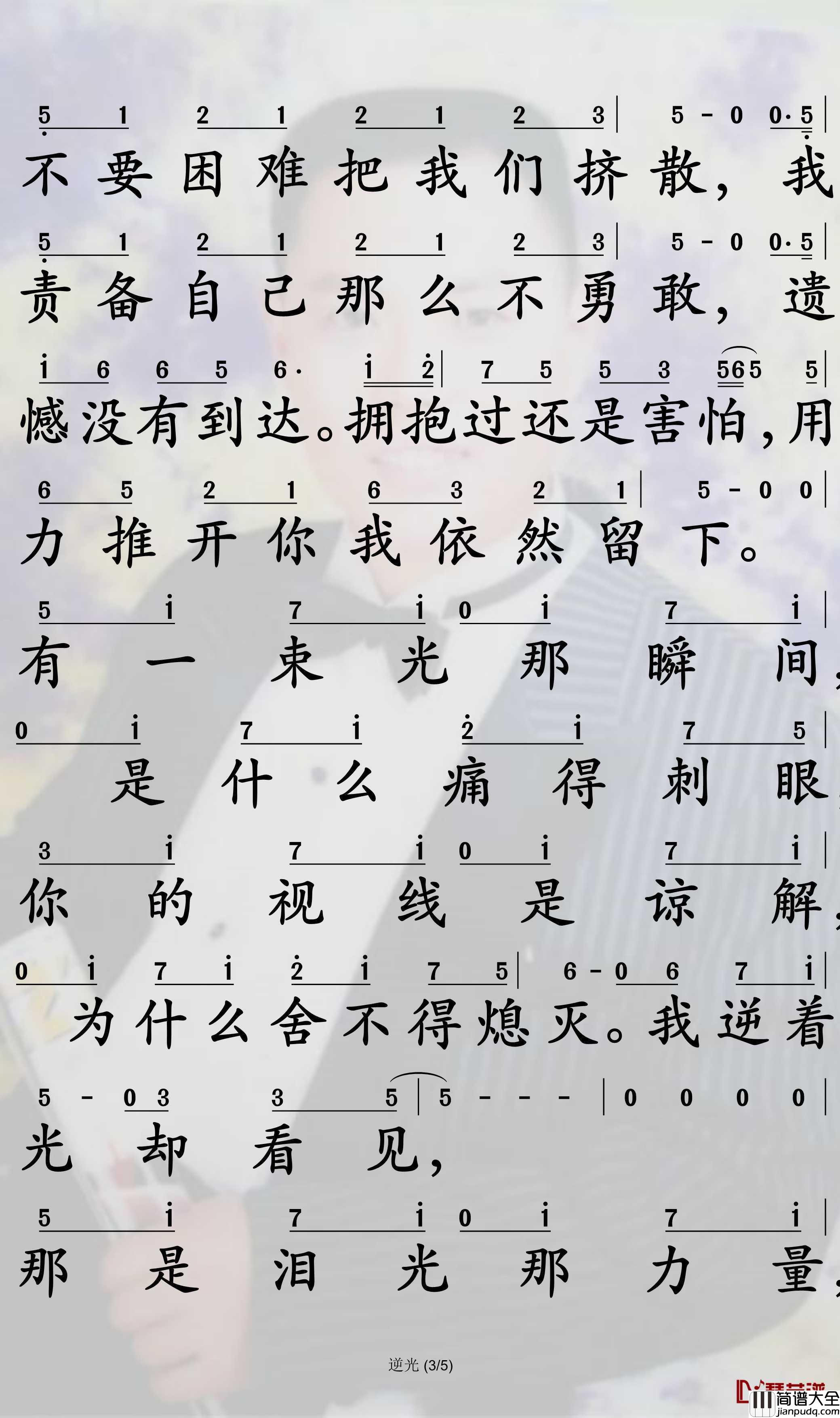 逆光简谱_孙燕姿演唱_孙世彦曲谱