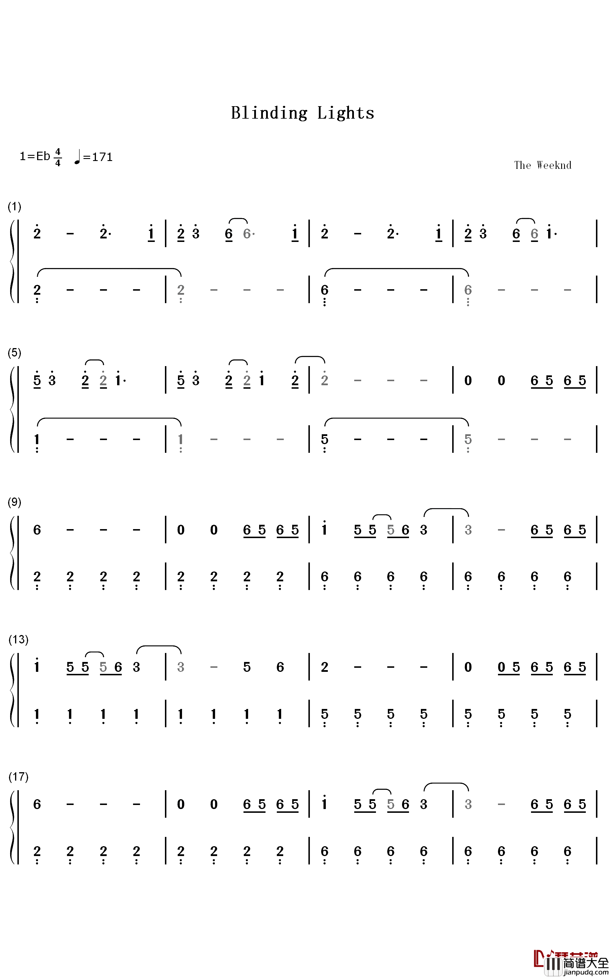 Blinding_Lights钢琴简谱_数字双手_The_Weeknd