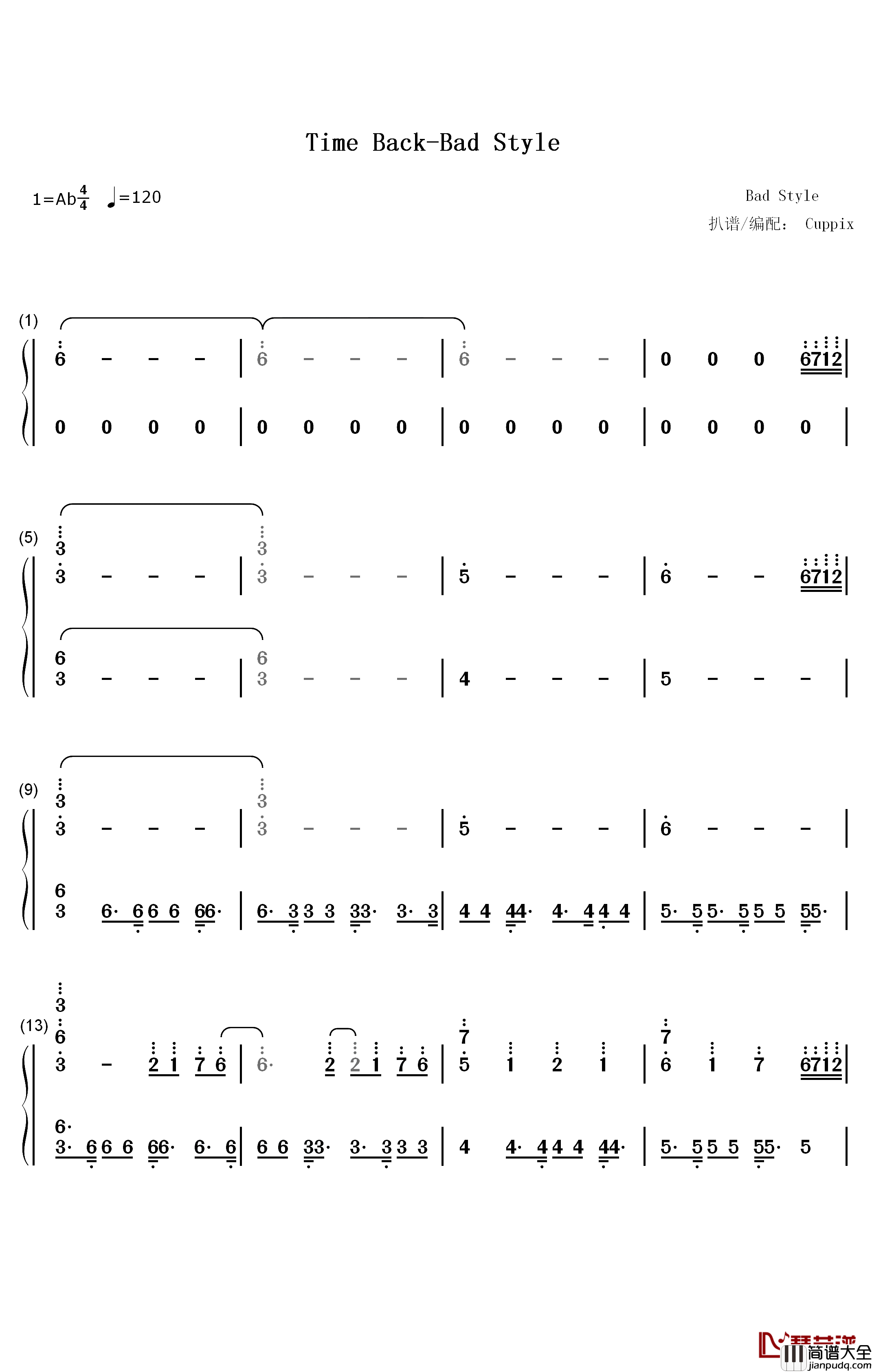Time_Back钢琴简谱_数字双手_Bad_Style