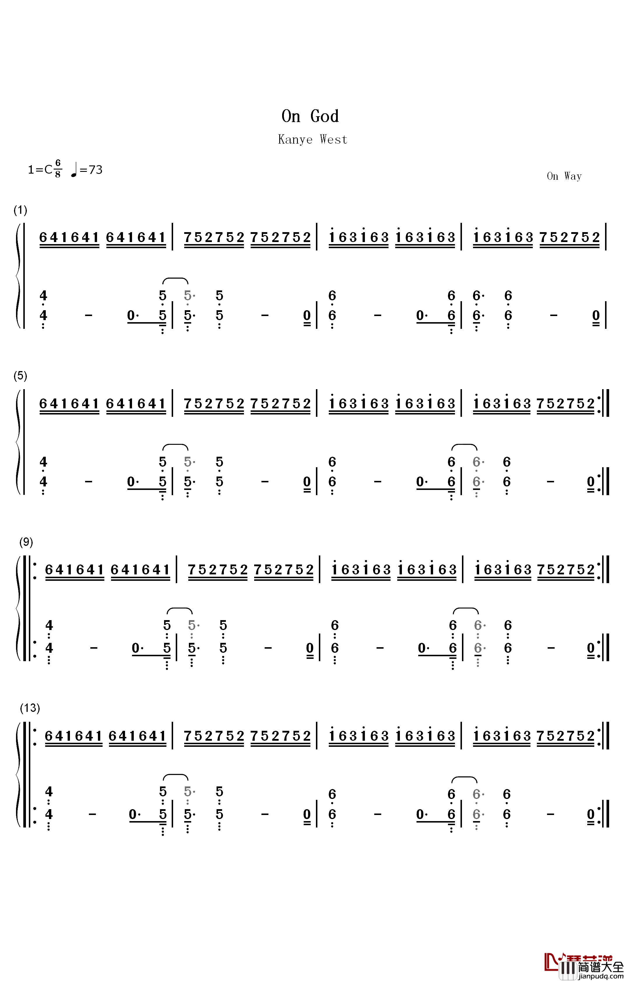 On_God钢琴简谱_数字双手_Kanye_West