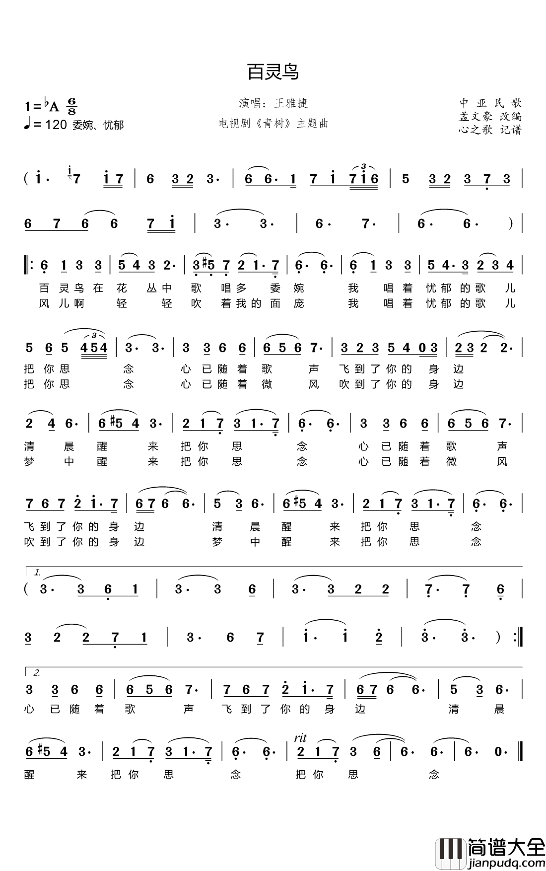 百灵鸟简谱(歌词)_王雅捷演唱_心之歌上传