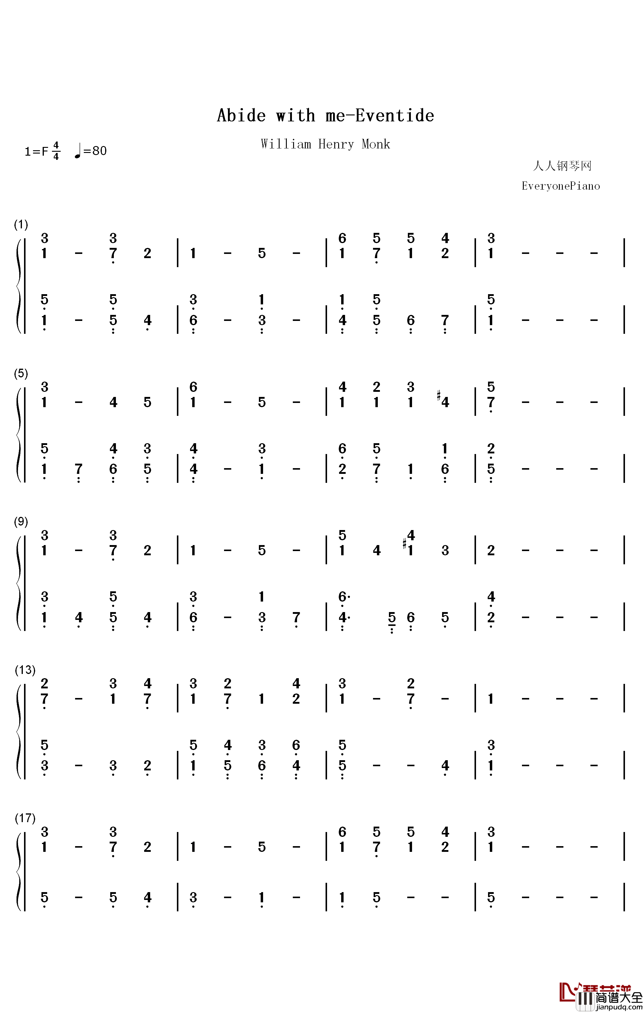 Abide_with_Me钢琴简谱_数字双手_William_Henry_Monk