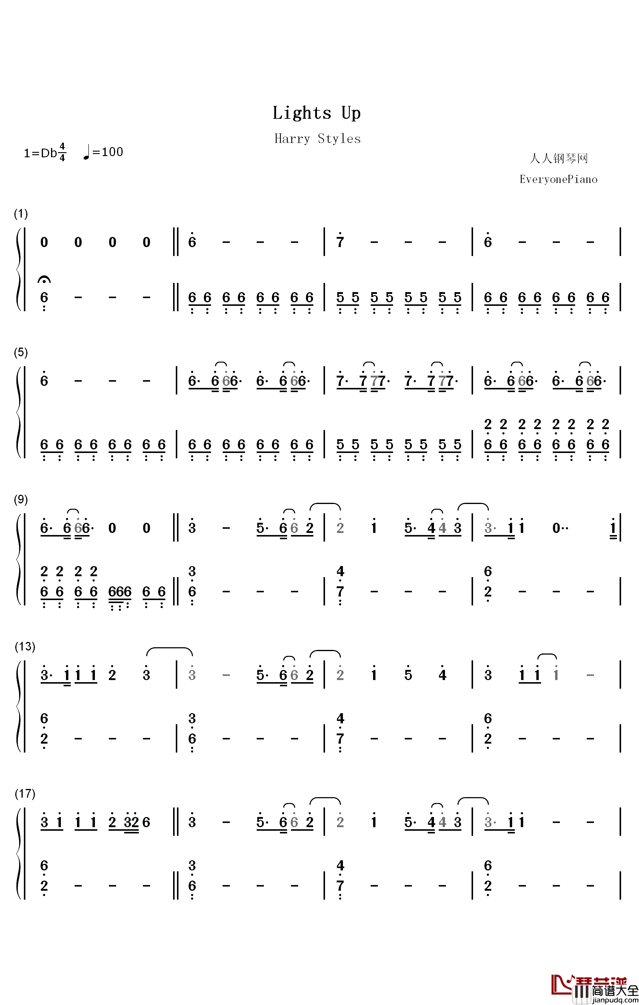 Lights_Up钢琴简谱_数字双手_Harry_Styles