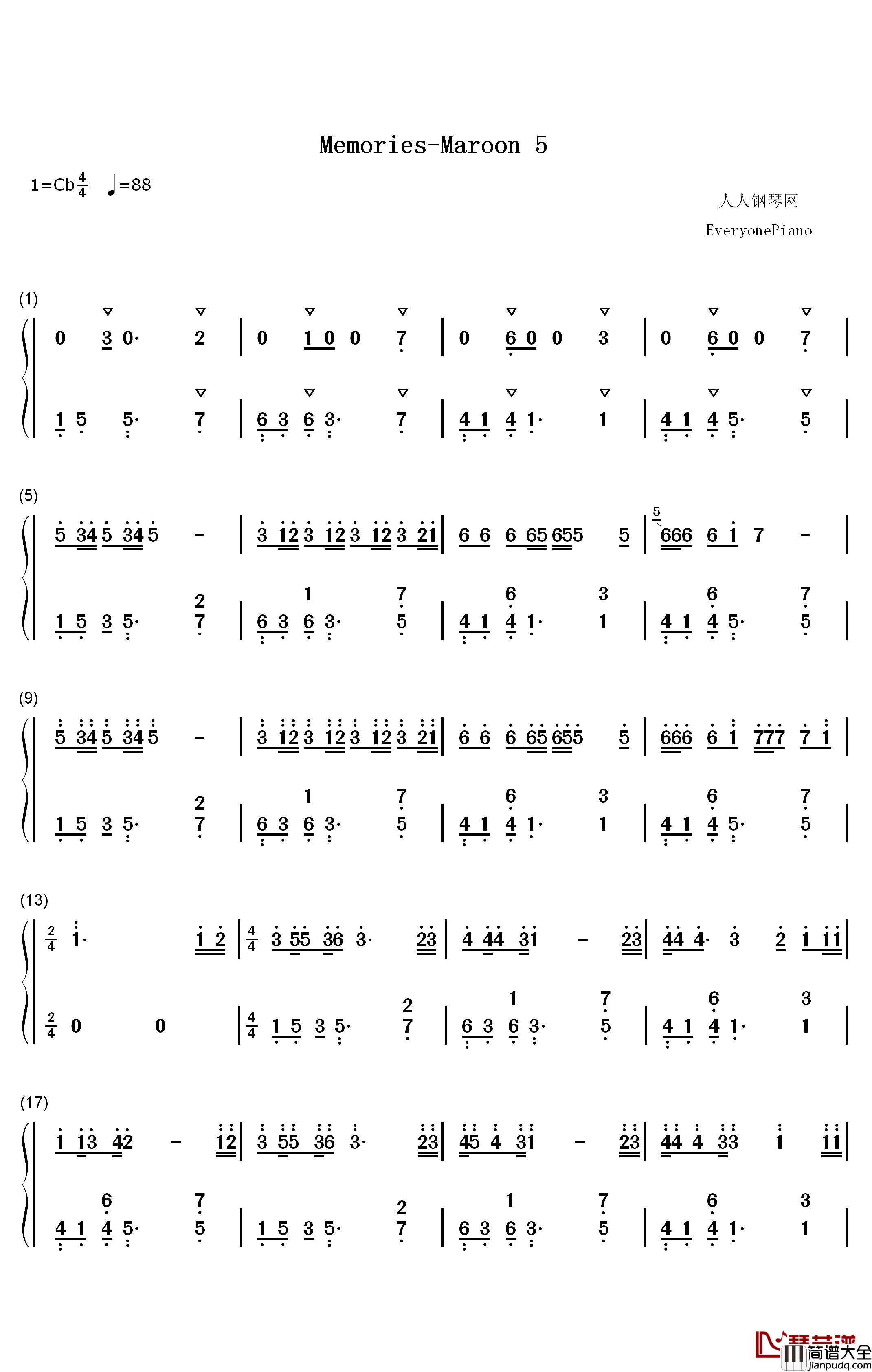 Memories钢琴简谱_数字双手_Maroon_5