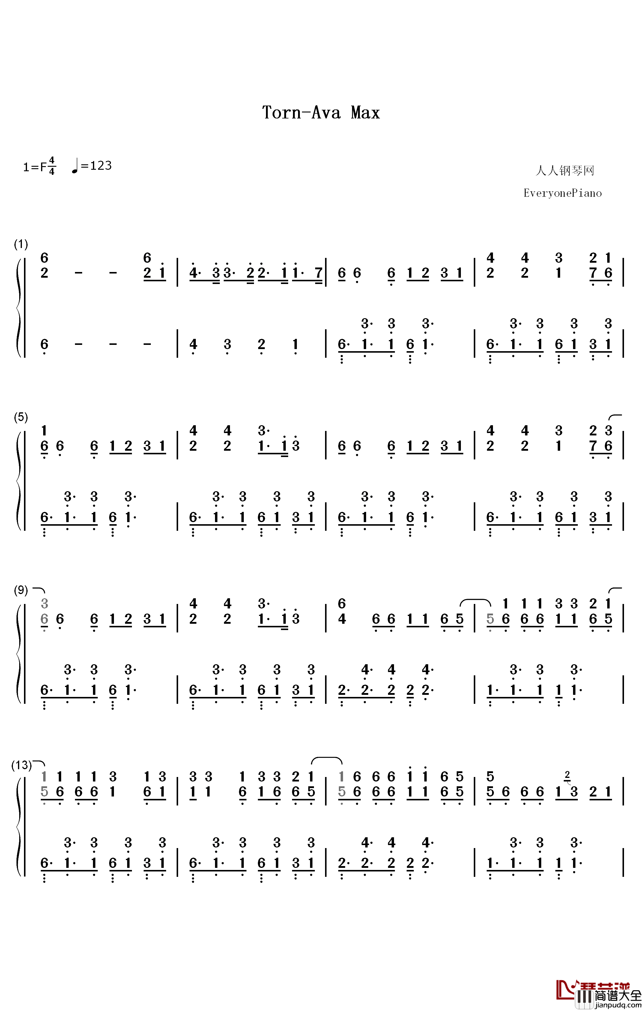 Torn钢琴简谱_数字双手_Ava_Max