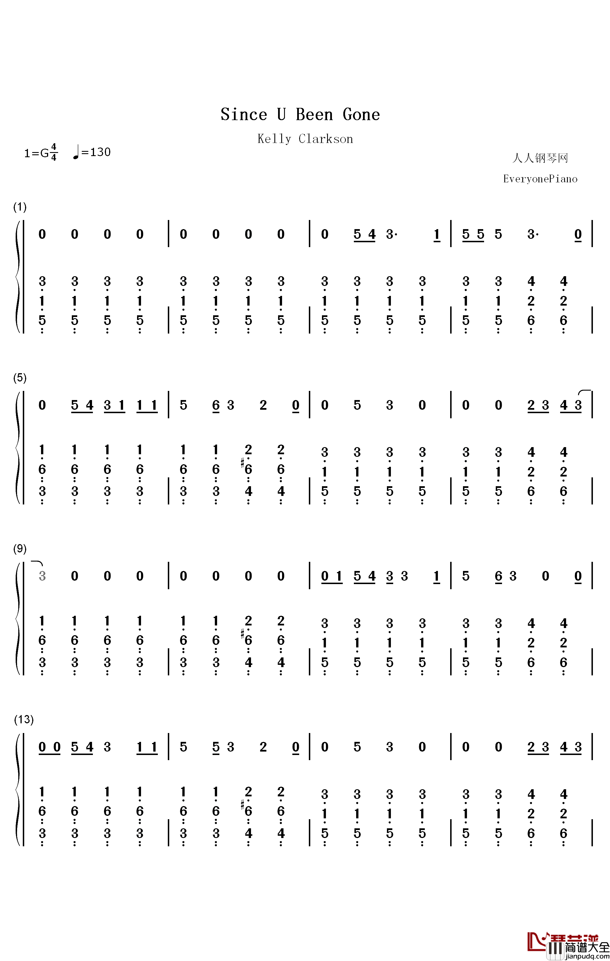 Since_U_Been_Gone钢琴简谱_数字双手_Kelly_Clarkson