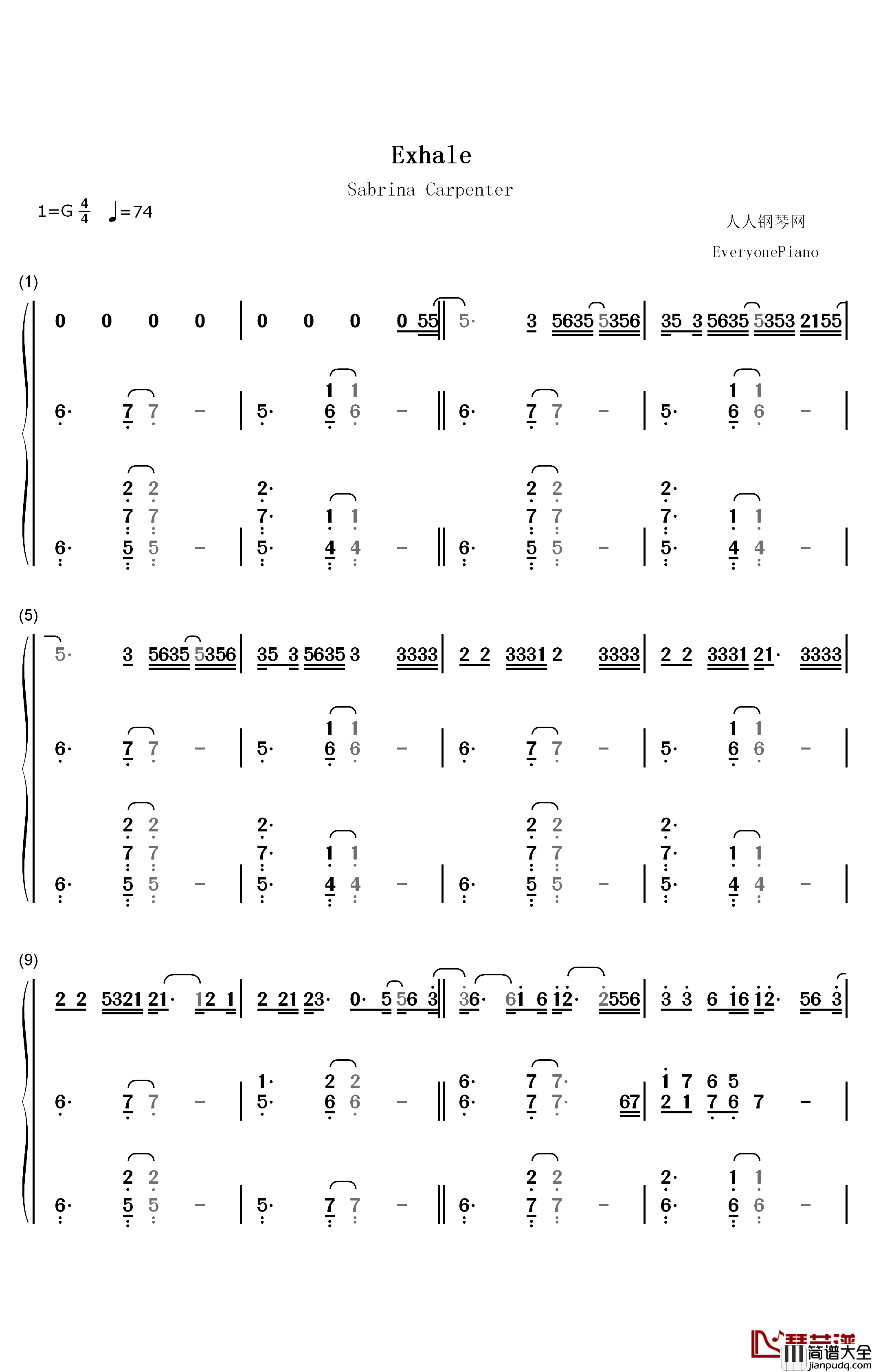 Exhale钢琴简谱_数字双手_Sabrina_Carpenter
