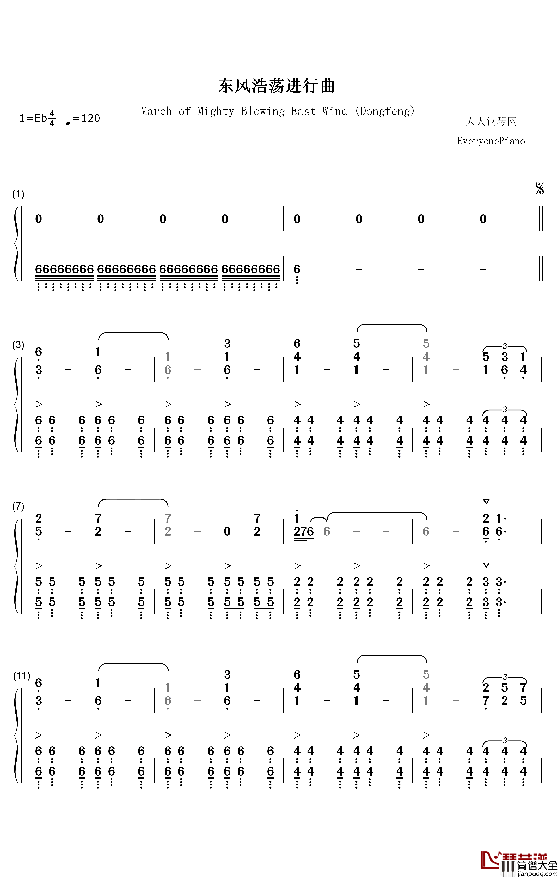 东风浩荡进行曲钢琴简谱_数字双手_联合军乐团创作室