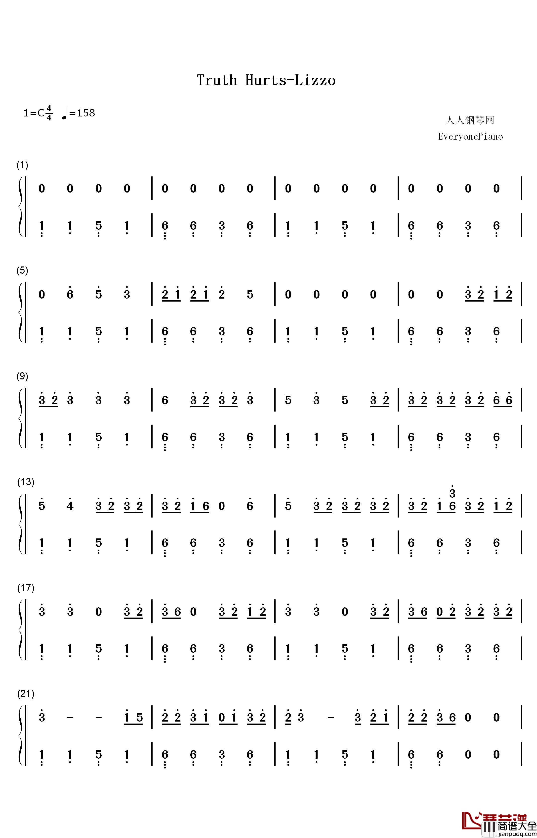 Truth_Hurts钢琴简谱_数字双手_Lizzo