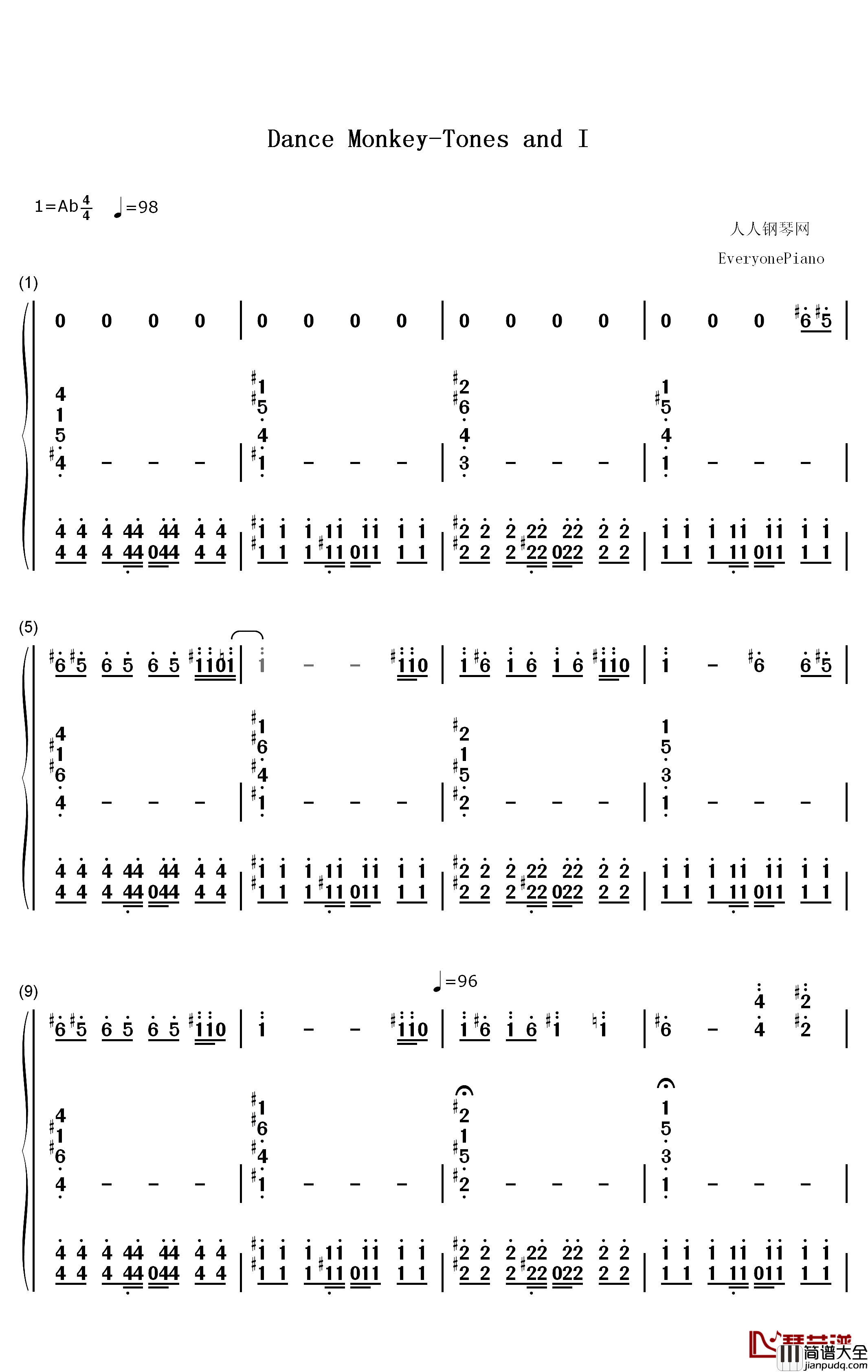 Dance_Monkey钢琴简谱_数字双手_Tones_and_I