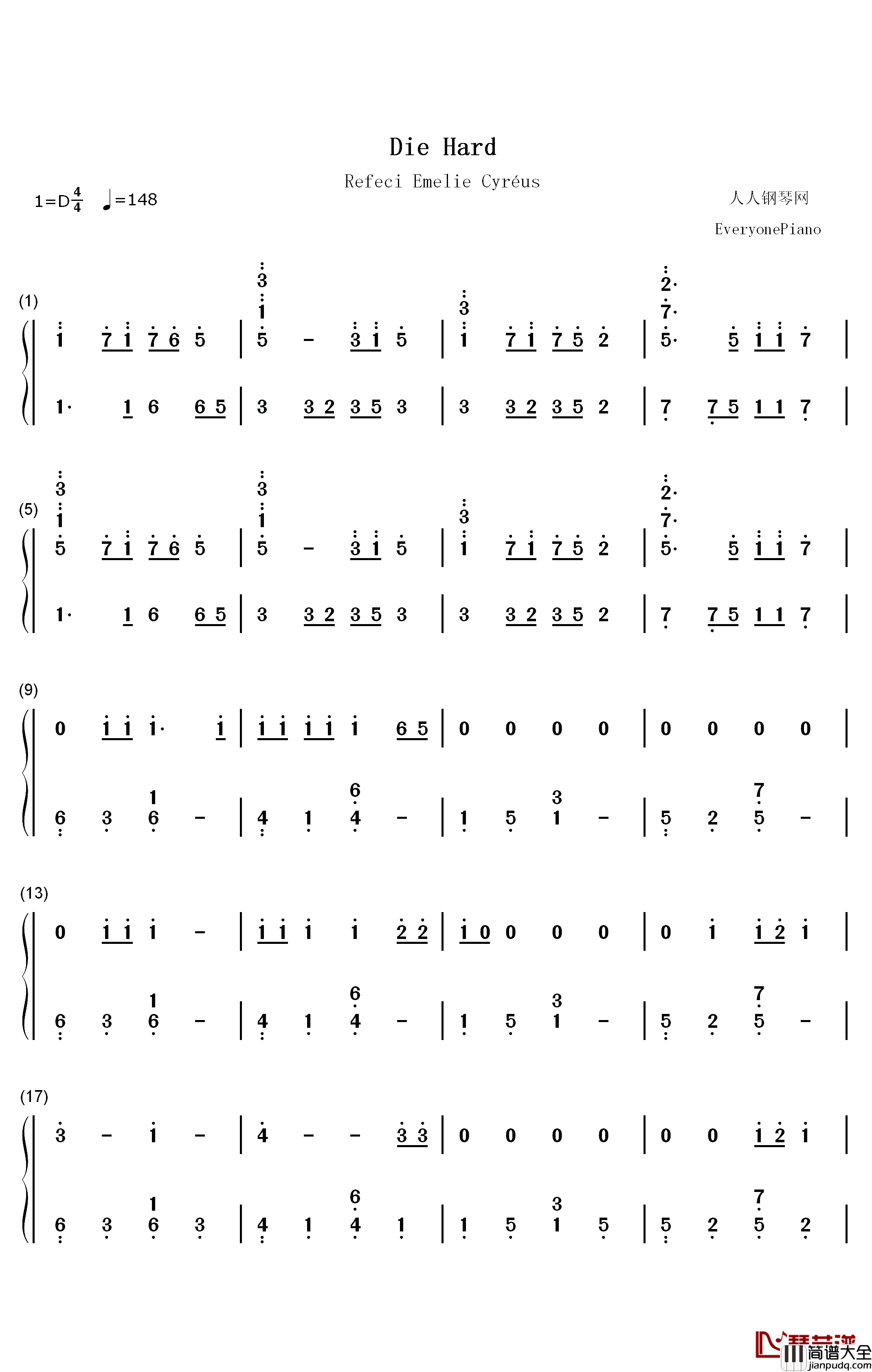 Die_Hard钢琴简谱_数字双手_Refeci_Emelie_Cyréus