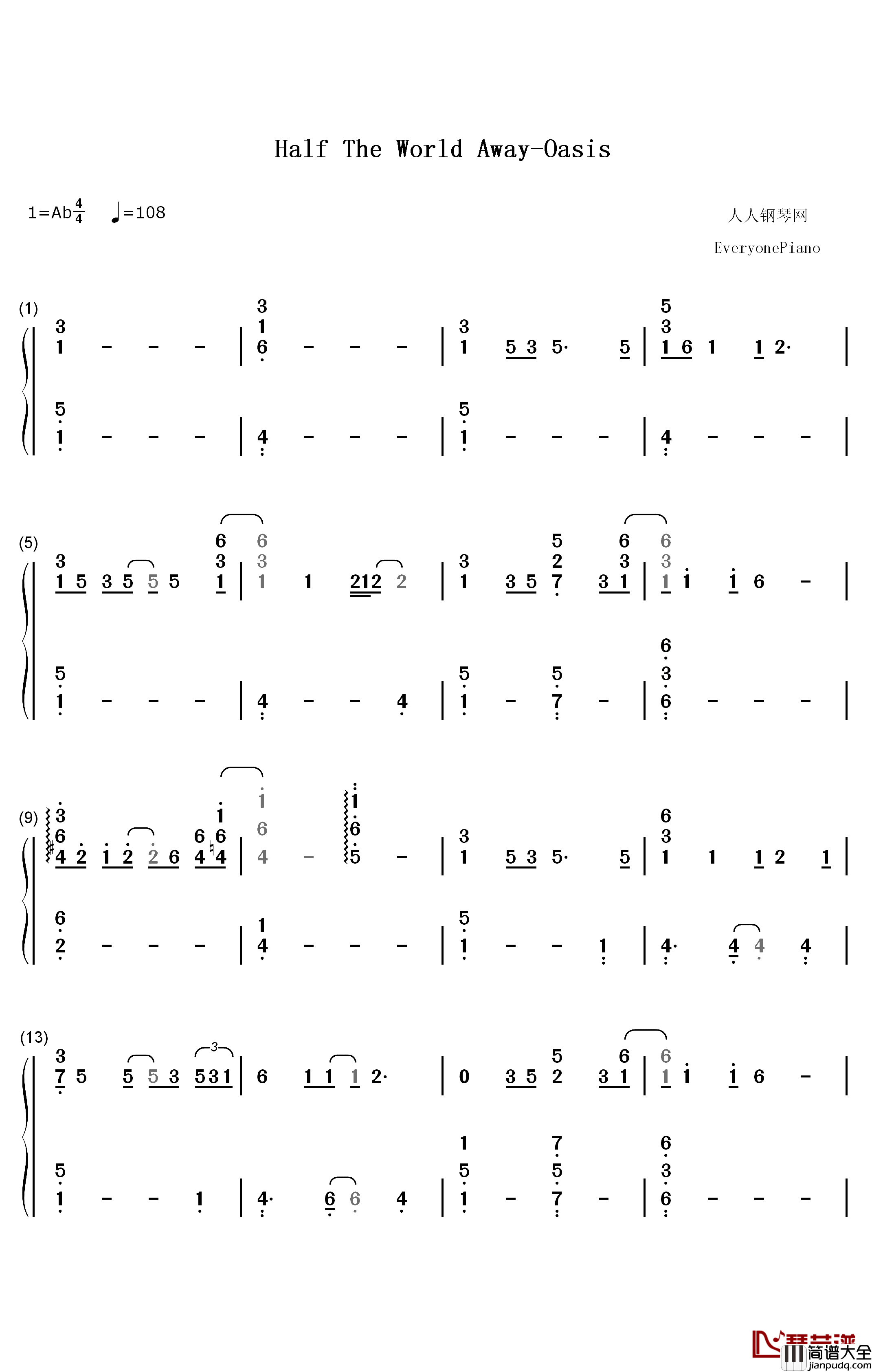 Half_The_World_Away钢琴简谱_数字双手_Oasis