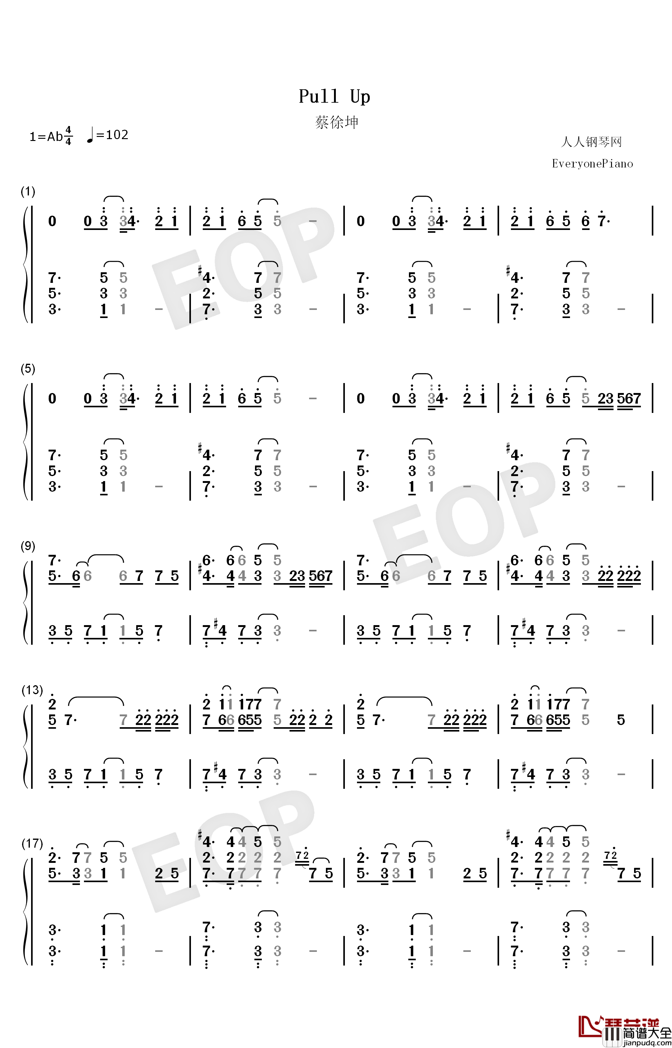 Pull_Up钢琴简谱_数字双手_蔡徐坤