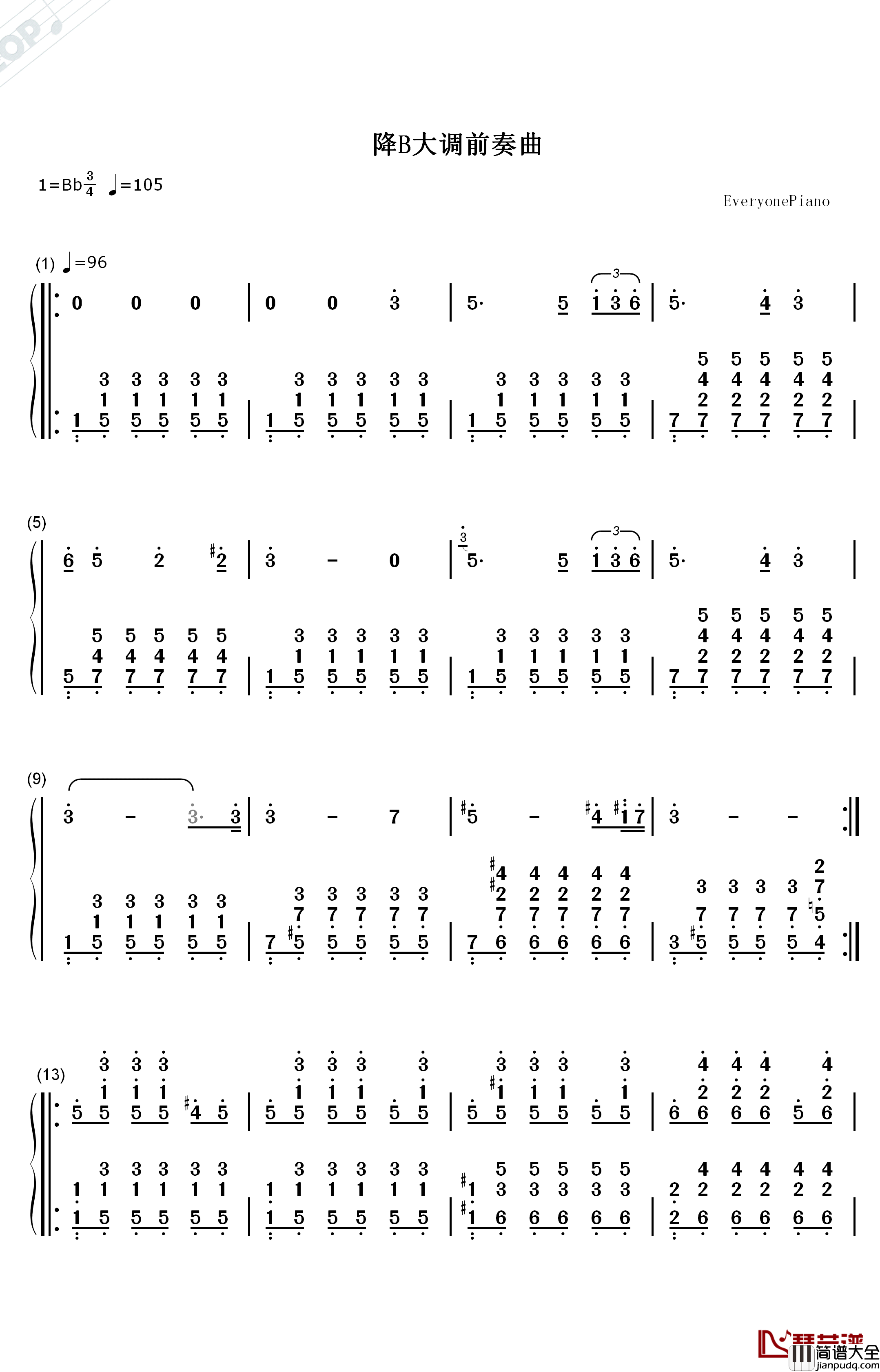 降B大调前奏曲钢琴简谱_数字双手_未知