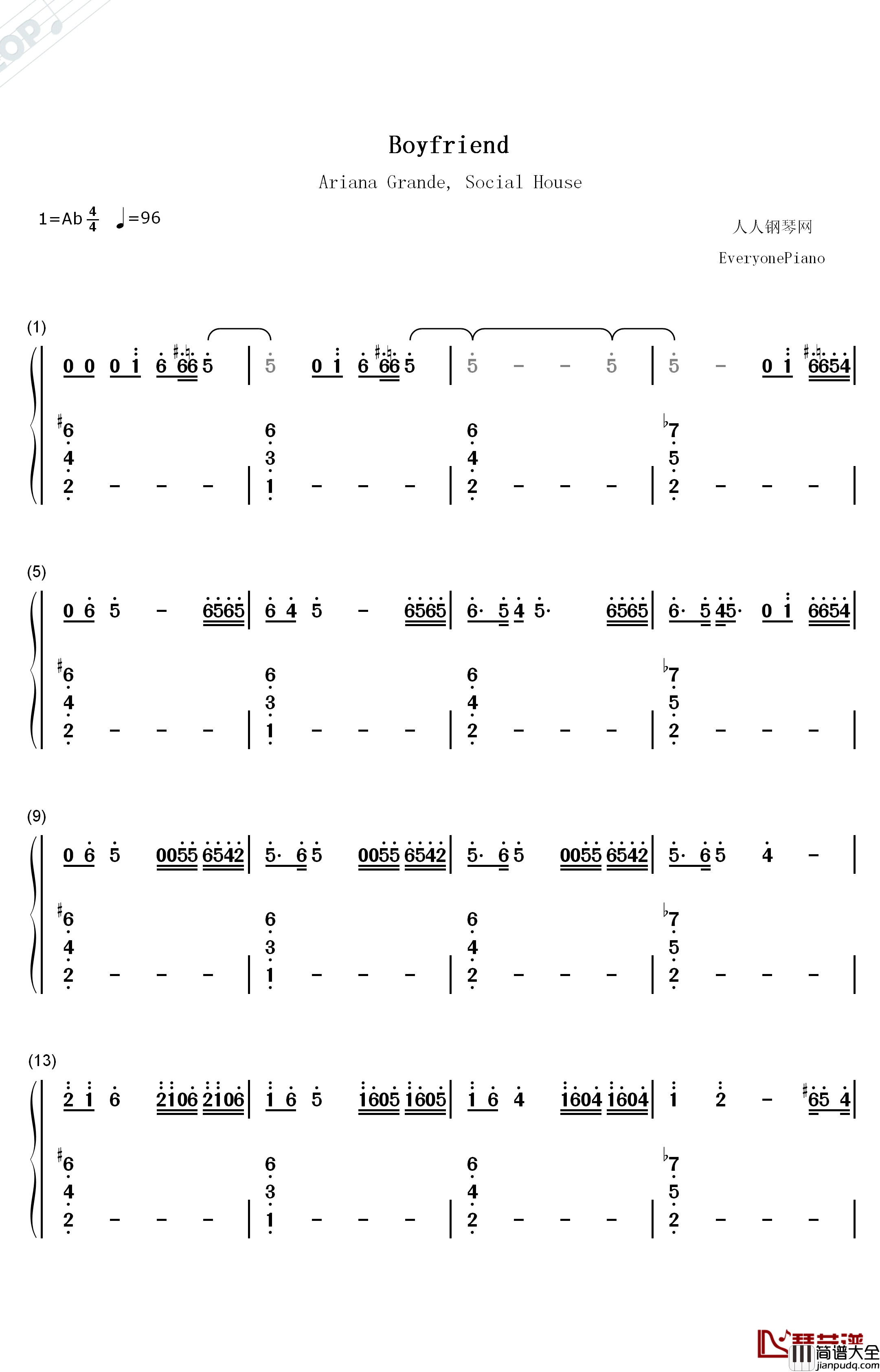 Boyfriend钢琴简谱_数字双手_Ariana_Grande_Social_House
