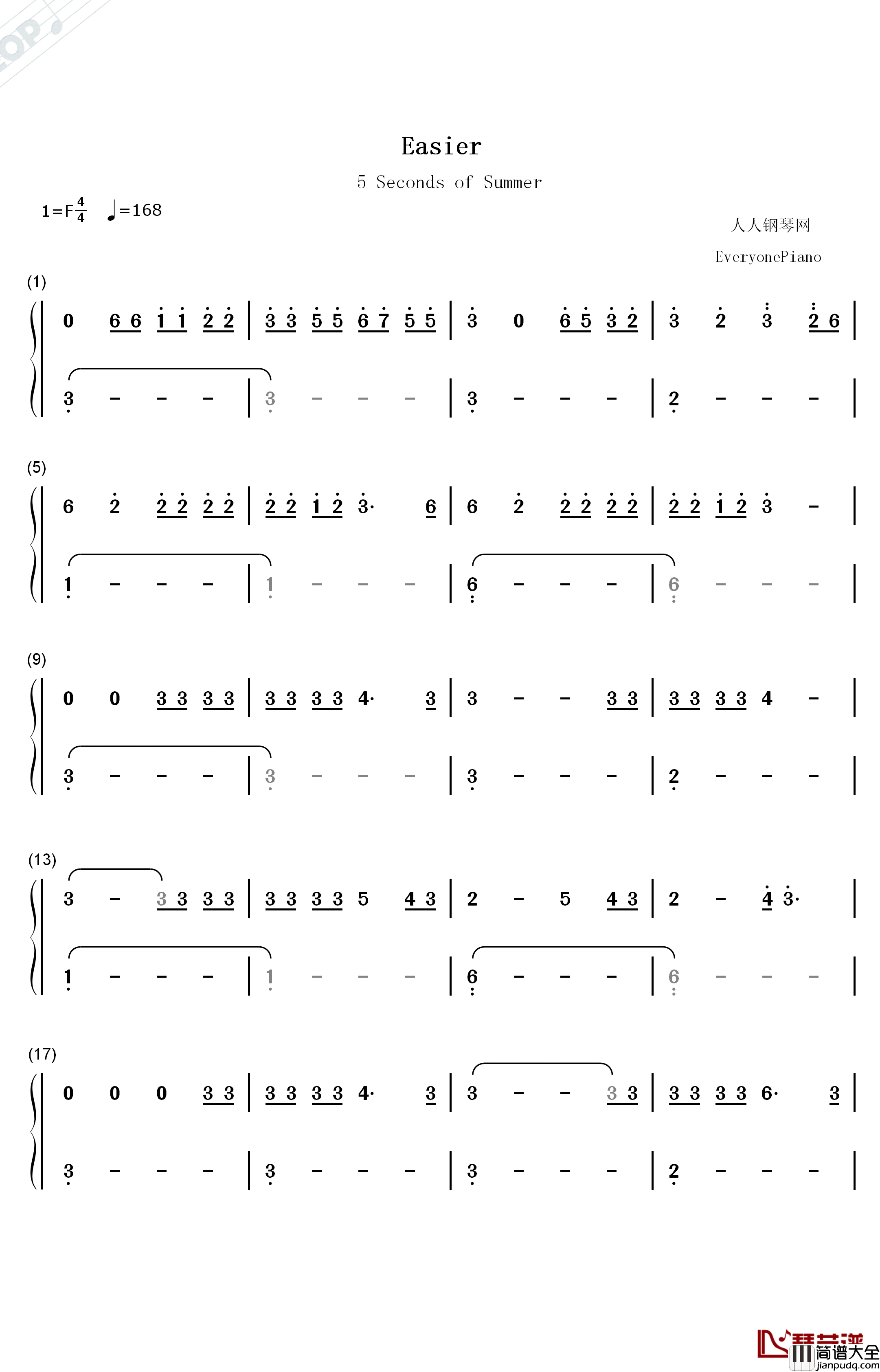 Easier钢琴简谱_数字双手_5_Seconds_of_Summer