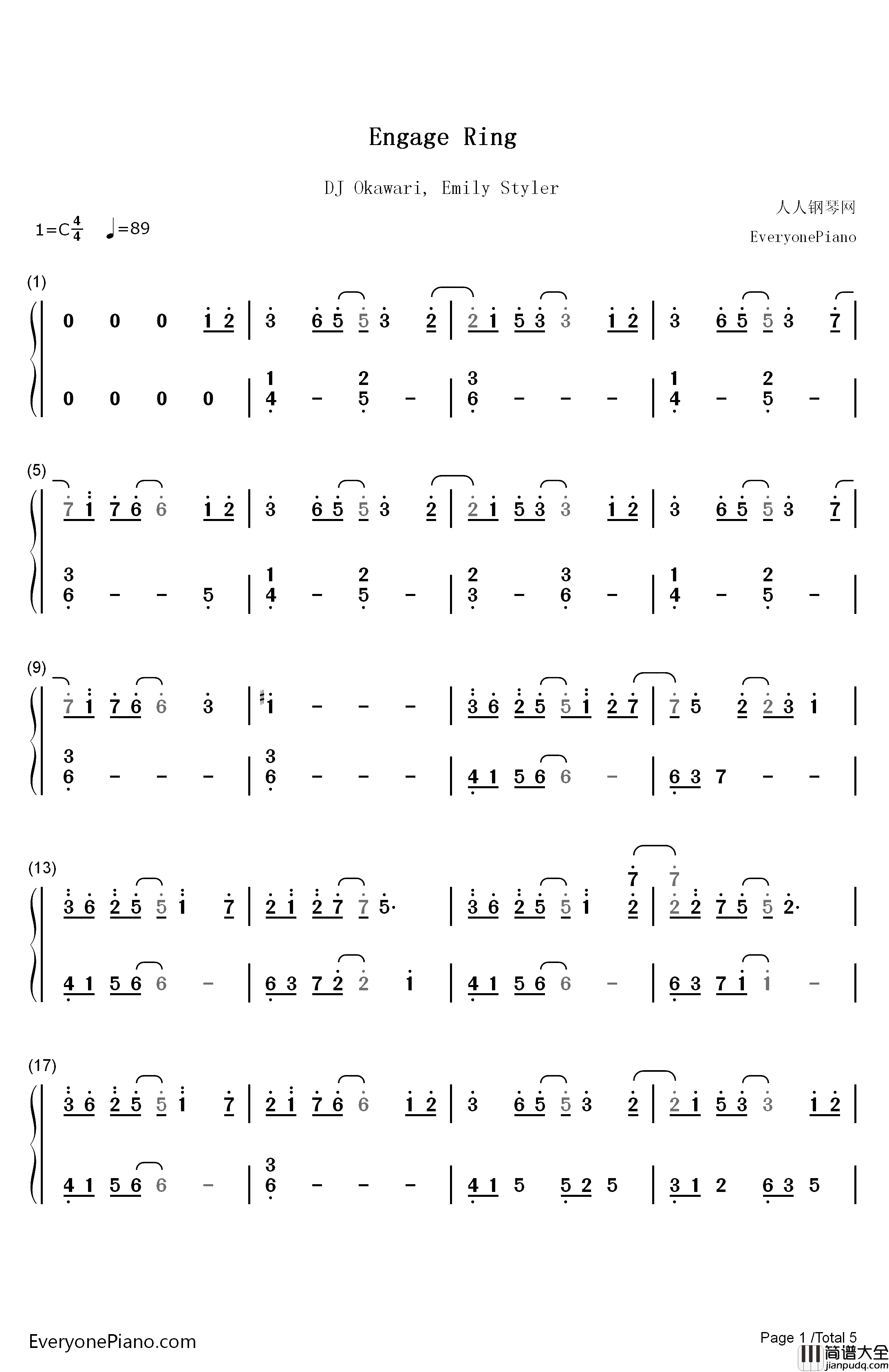 Engage_Ring钢琴简谱_数字双手_DJ_Okawari_Emily_Styler