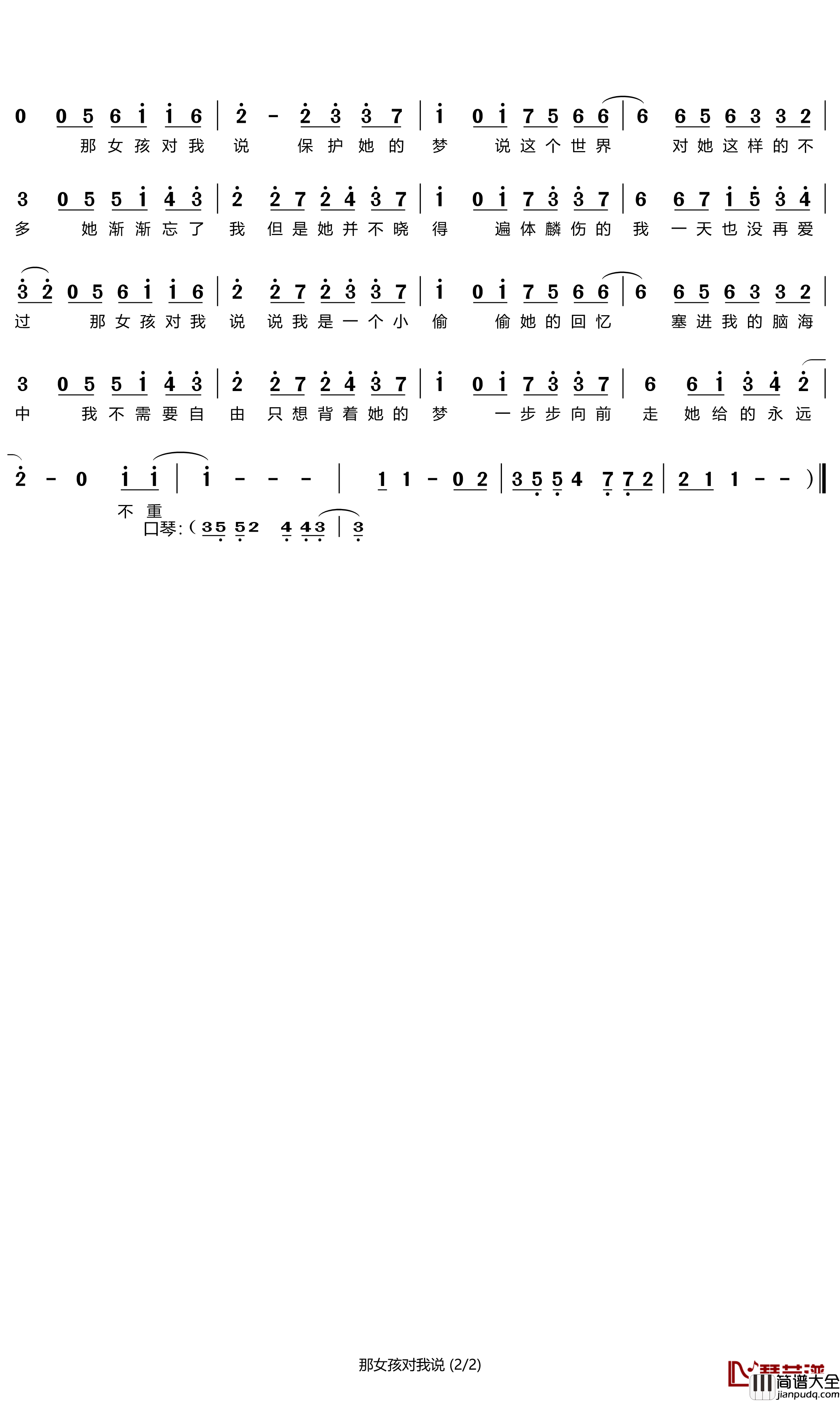 那女孩对我说简谱(歌词)_黄义达演唱_谱友苍二君上传